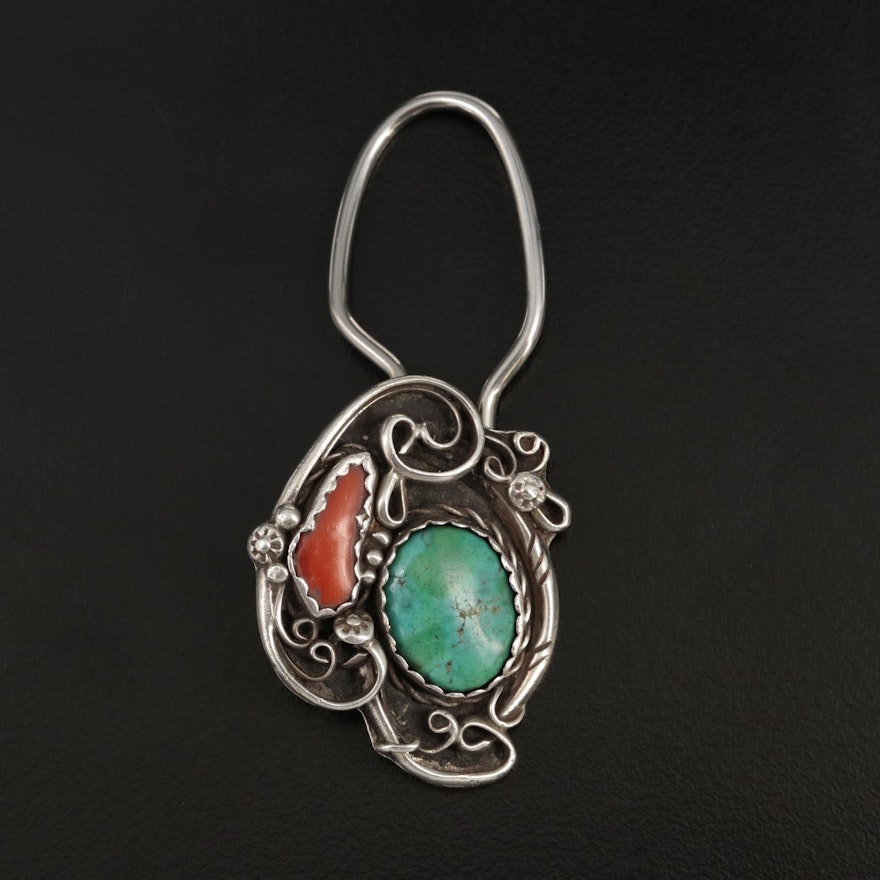 Southwestern Sterling Turquoise and Coral Key Chain