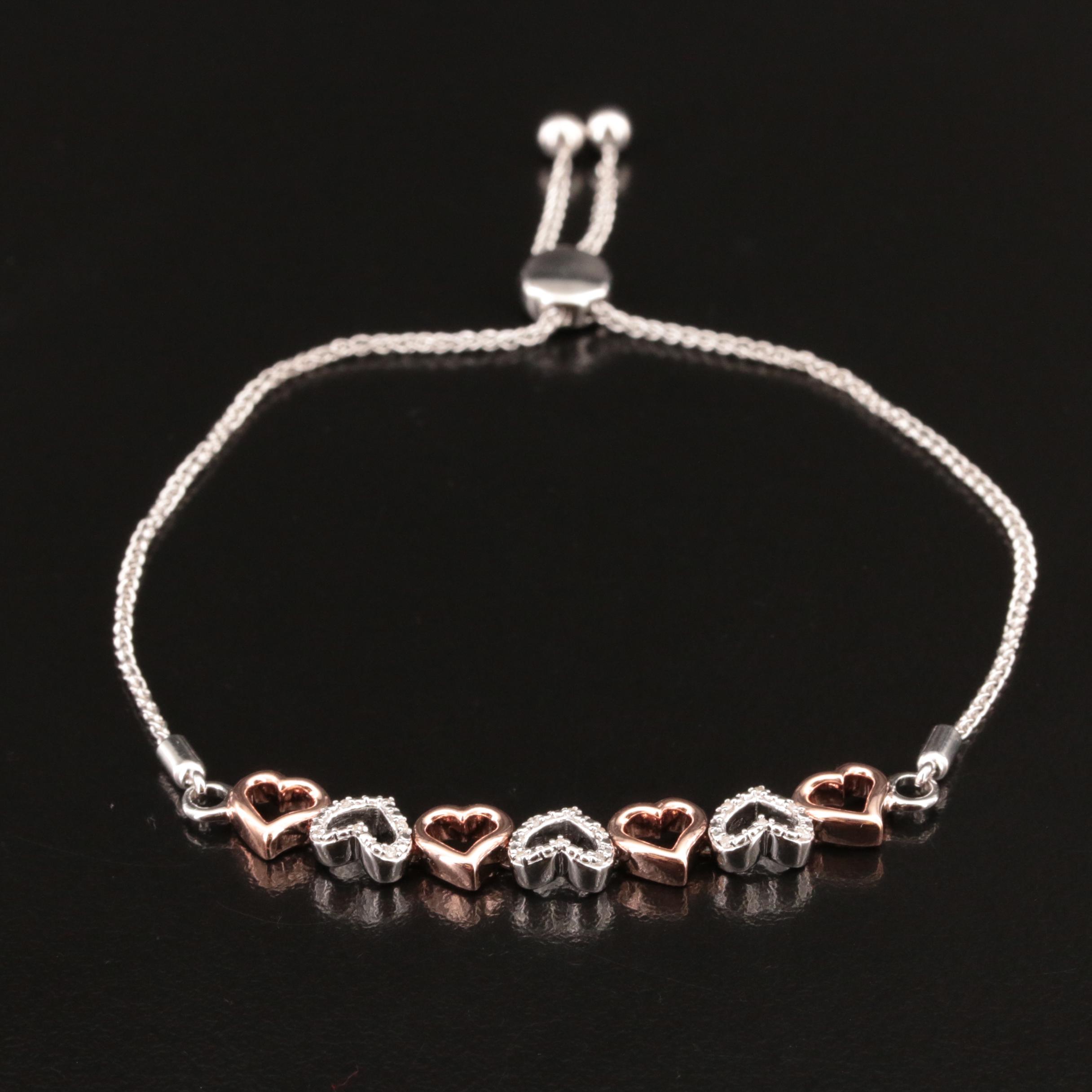 Two-Tone Sterling and Diamond Heart Bolo Bracelet