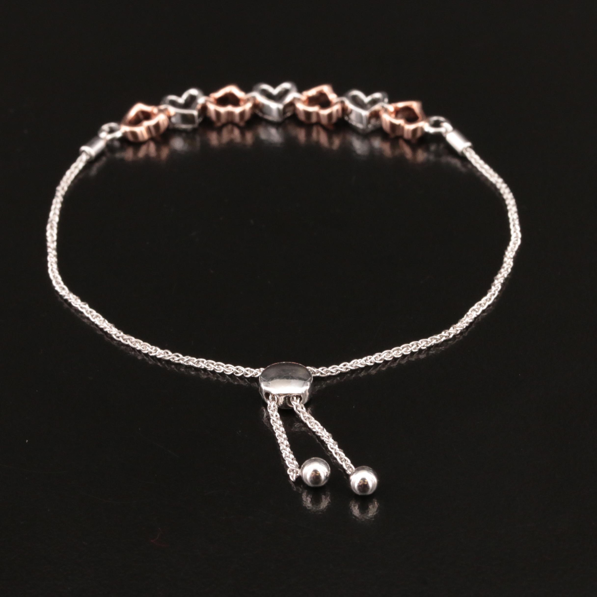 Two-Tone Sterling and Diamond Heart Bolo Bracelet