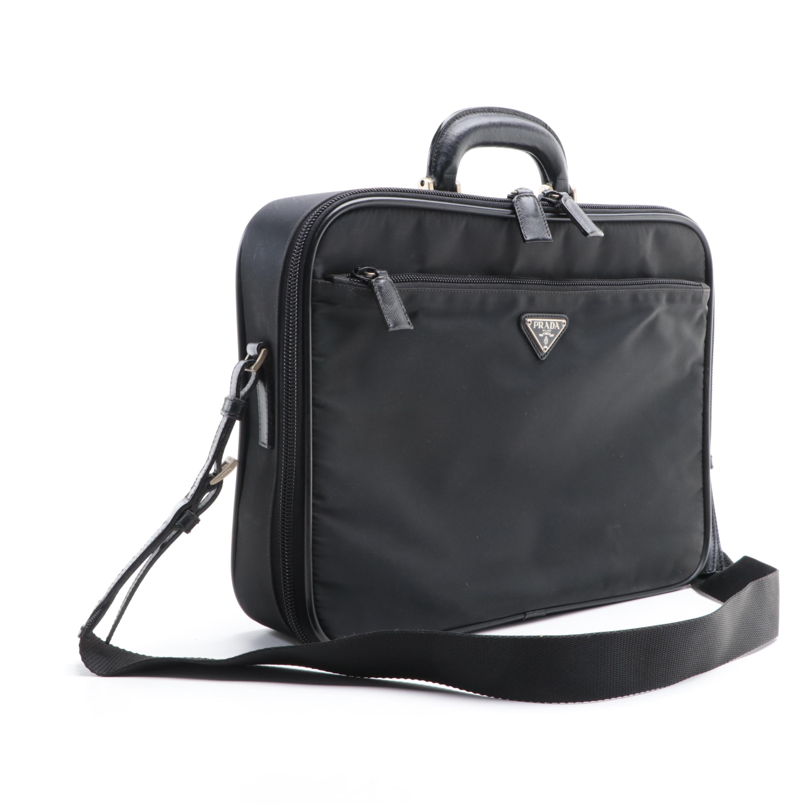Prada Zip-Around Briefcase in Black Nylon Gabardine/Saffiano Leather w/Strap