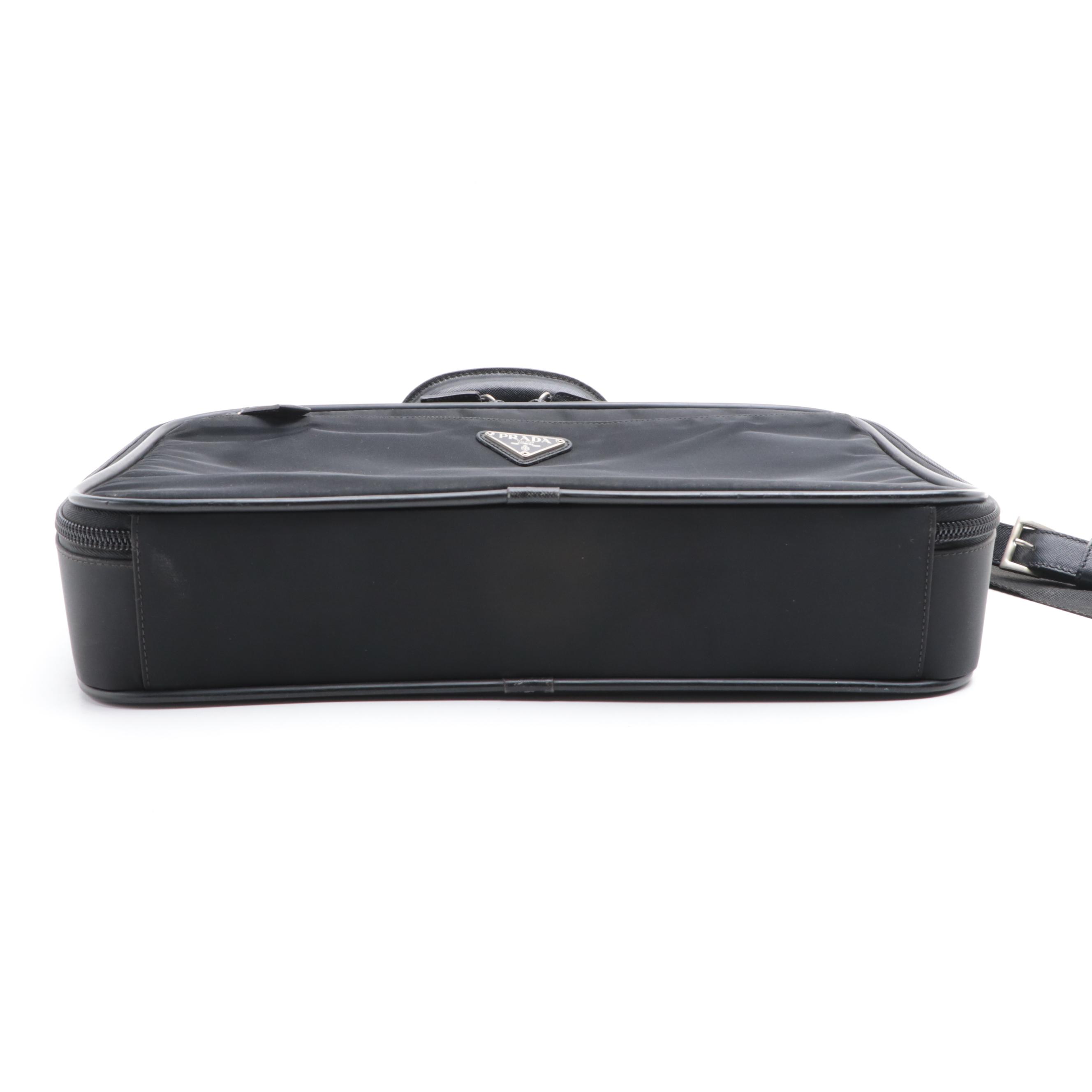 Prada Zip-Around Briefcase in Black Nylon Gabardine/Saffiano Leather w/Strap