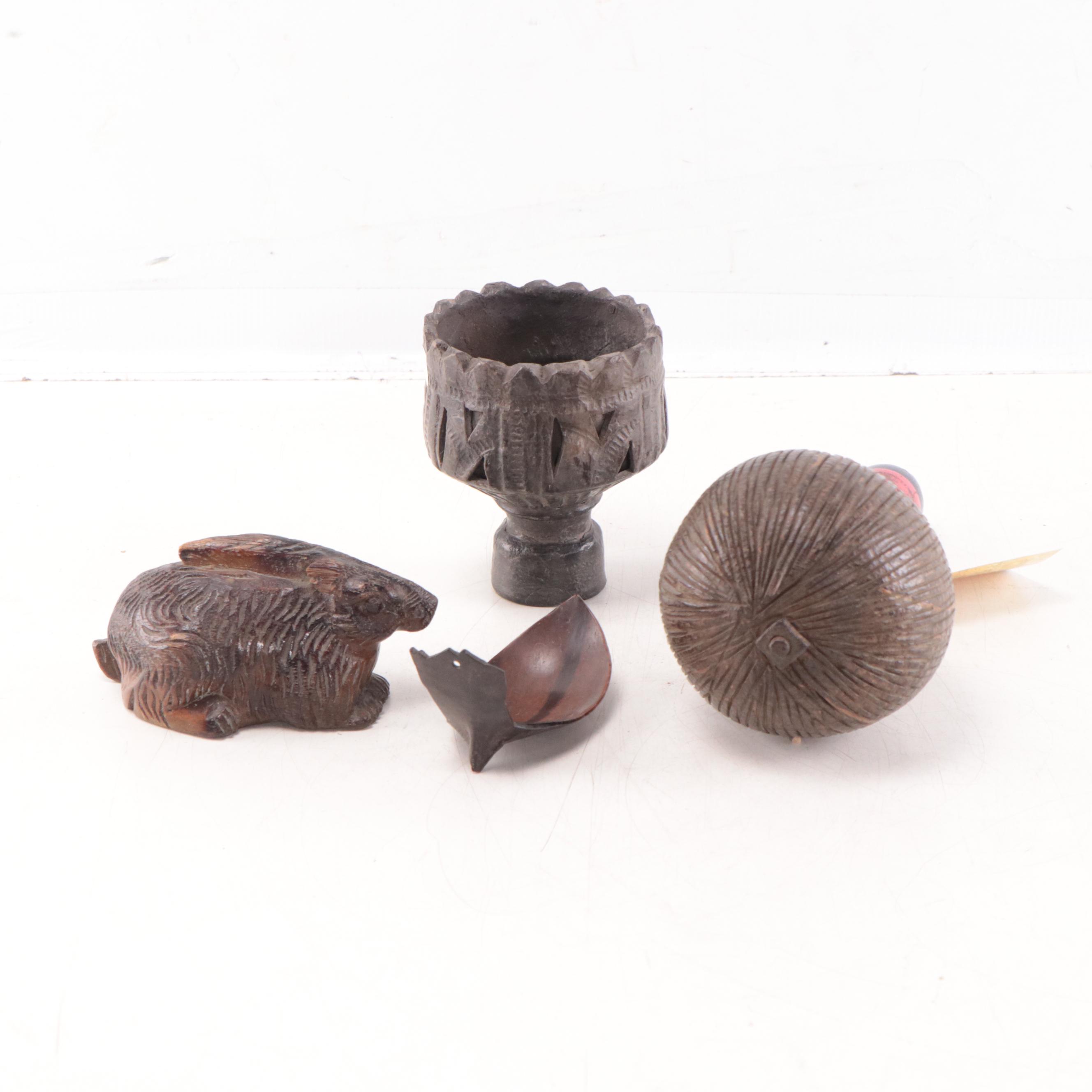 Carved Wood Objects Including Shaker, Mid-20th Century