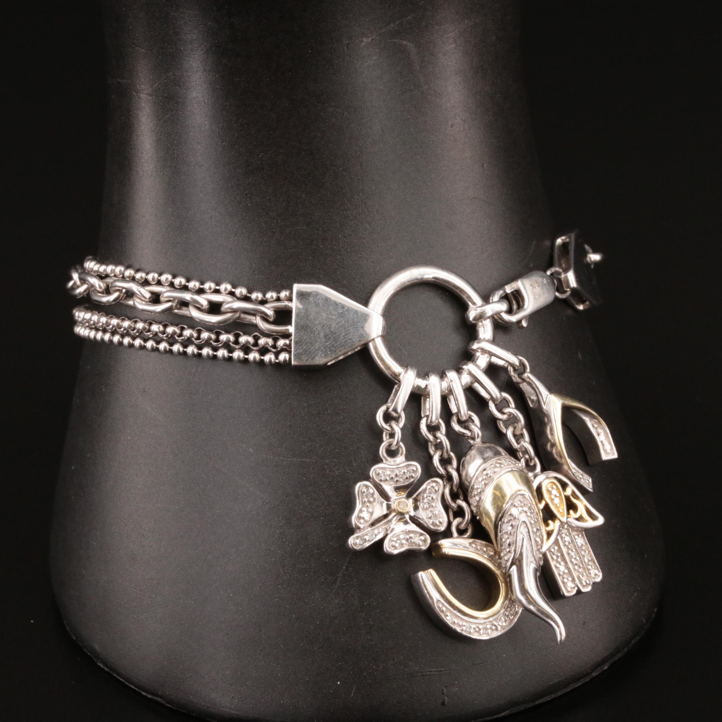 Sterling Diamond "Good Luck" Bracelet with Horseshoe, Hamsa and Clover Charms