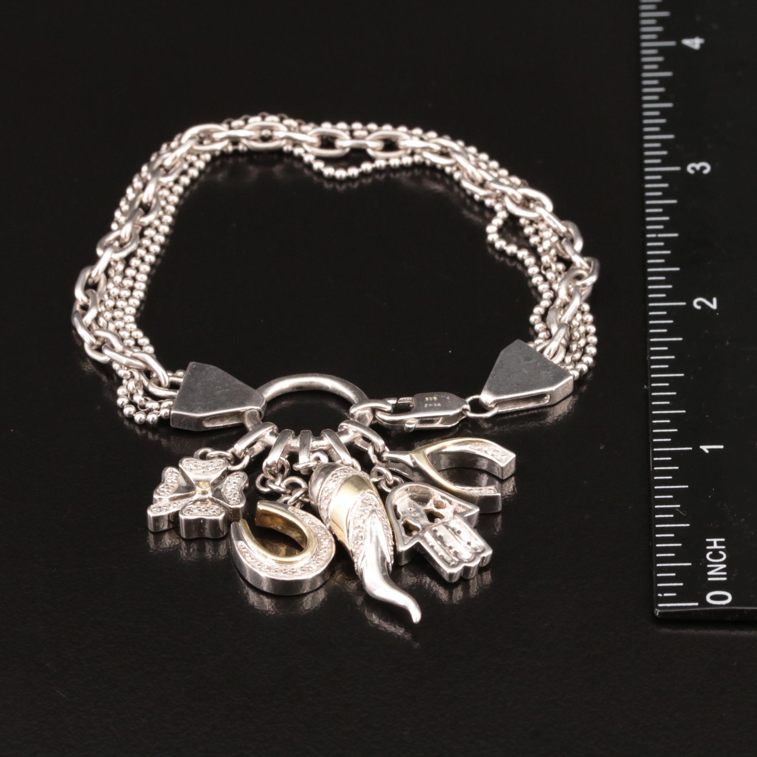 Sterling Diamond "Good Luck" Bracelet with Horseshoe, Hamsa and Clover Charms