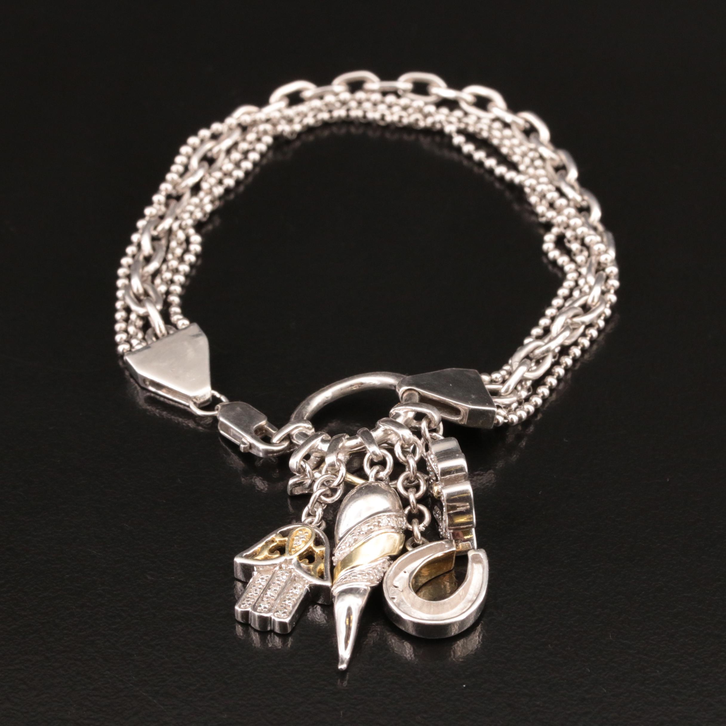 Sterling Diamond "Good Luck" Bracelet with Horseshoe, Hamsa and Clover Charms