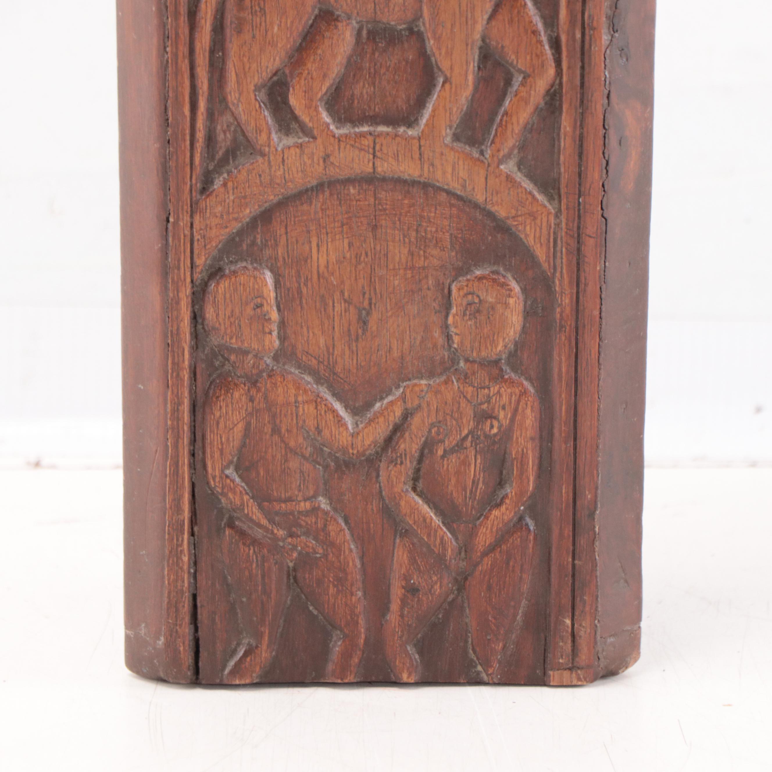 Hand-Carved Wood Sculpture With Figure and Animal Motifs