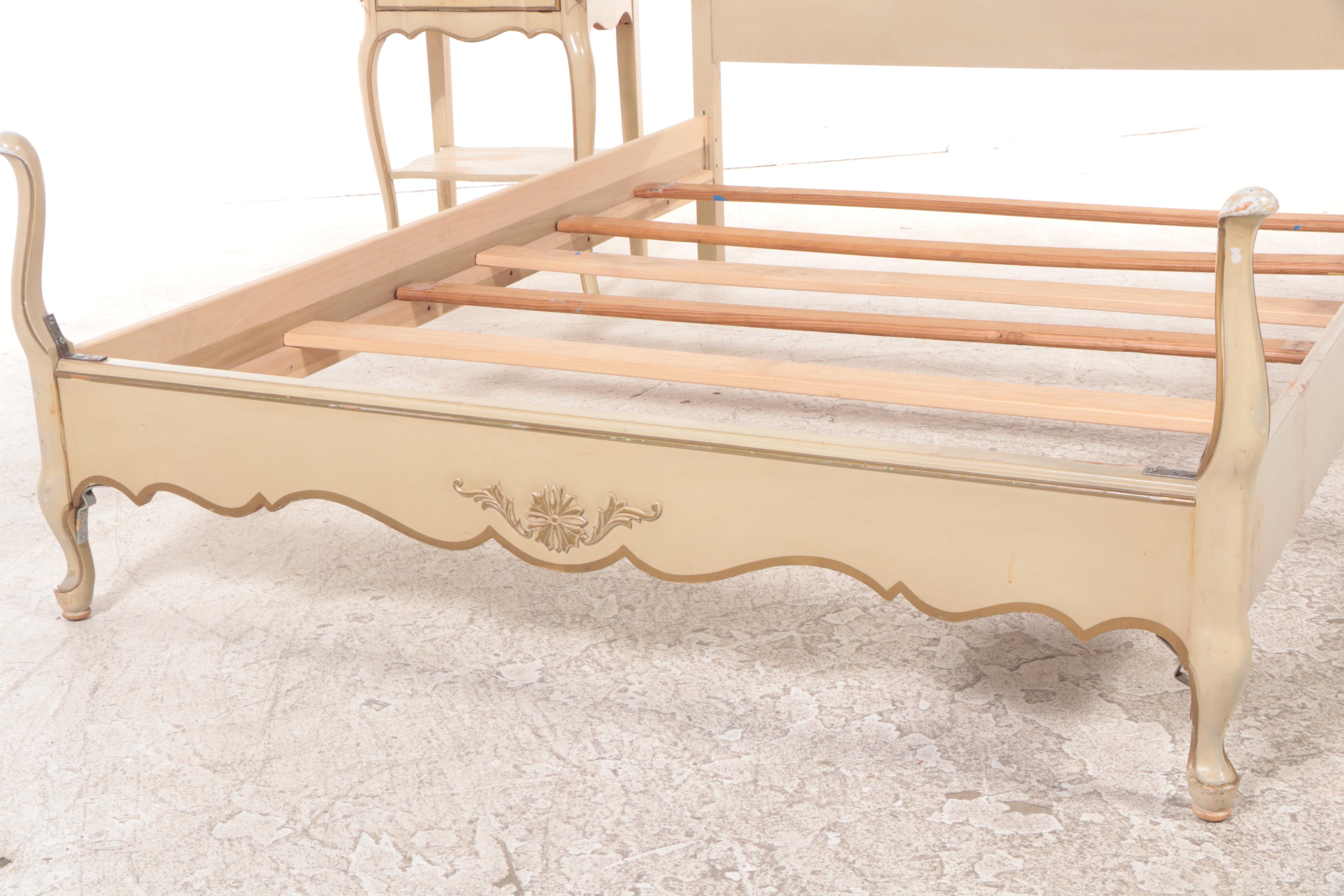 French Provincial Style Painted Full Bed Frame and Nightstand