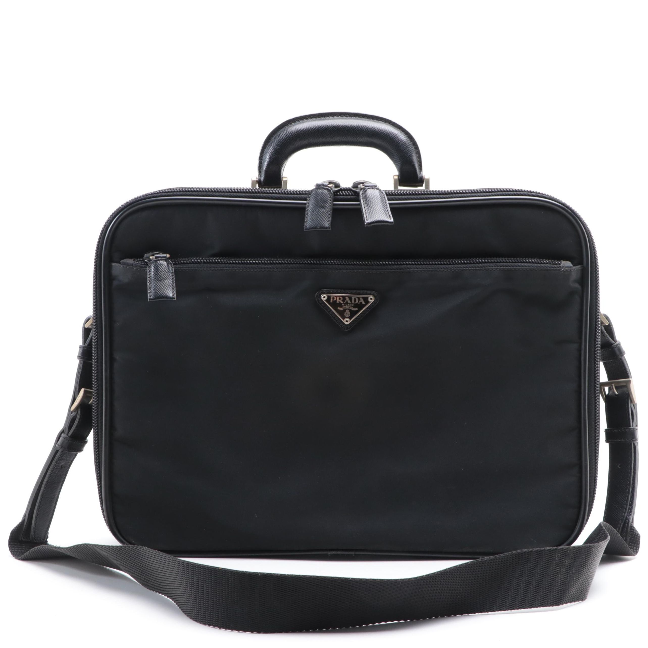 Prada Zip-Around Briefcase in Black Nylon Gabardine/Saffiano Leather w/Strap