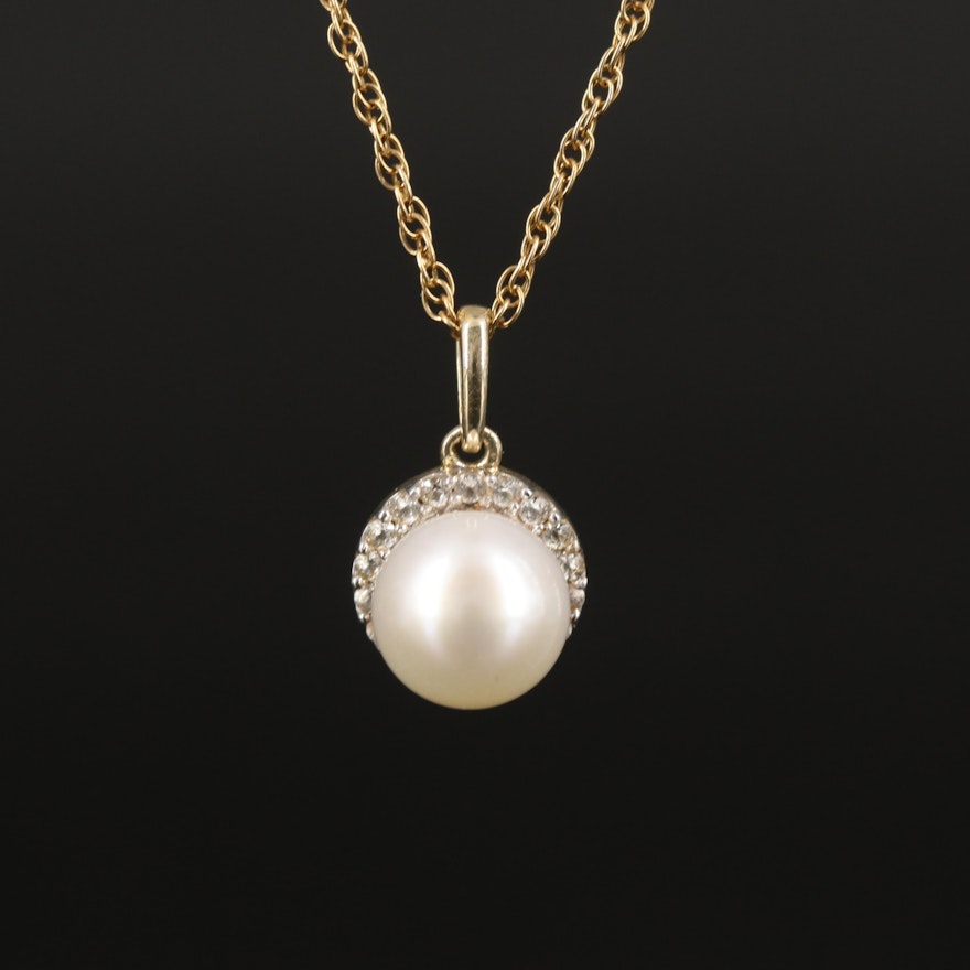 10K Pearl and White Sapphire Pendant Necklace