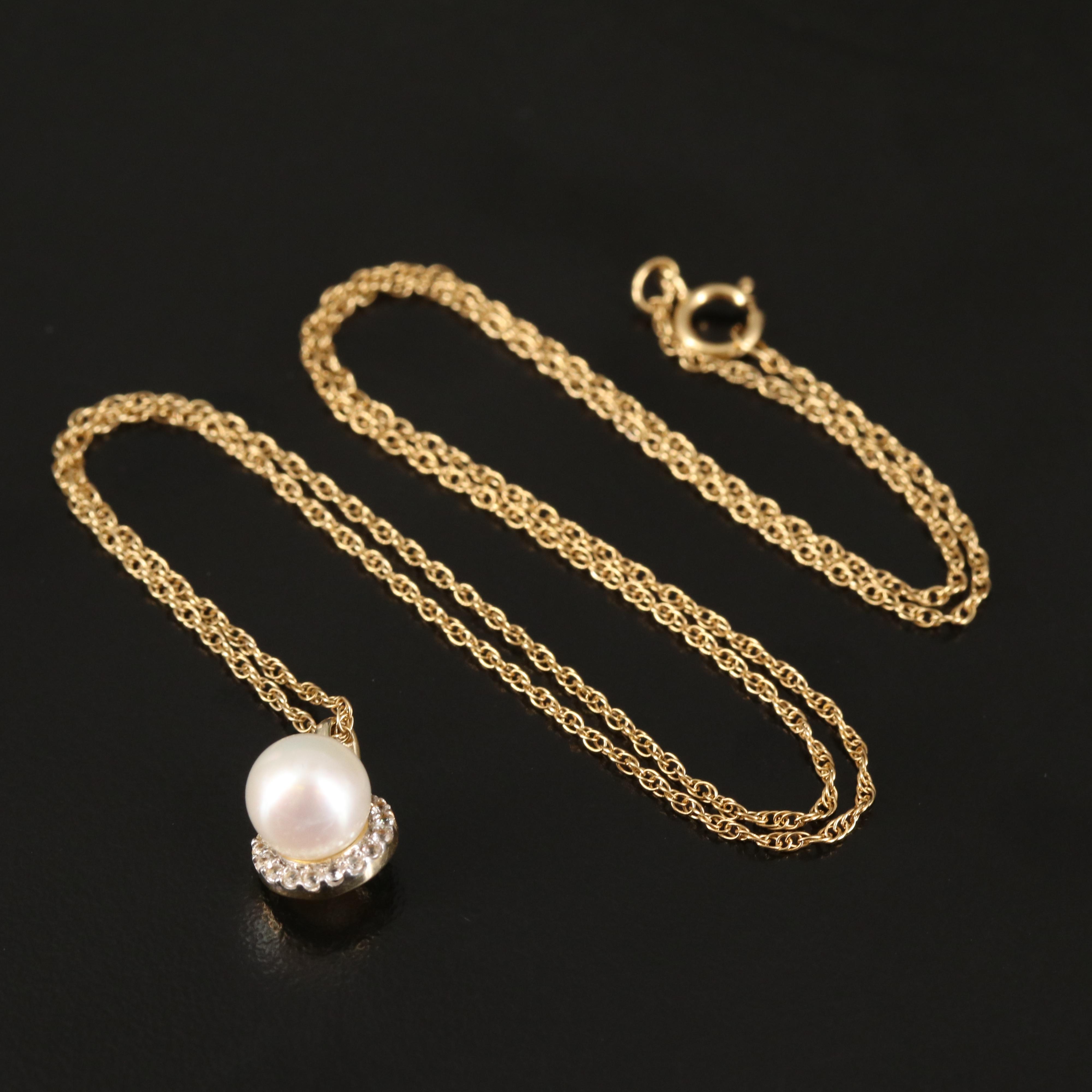 10K Pearl and White Sapphire Pendant Necklace