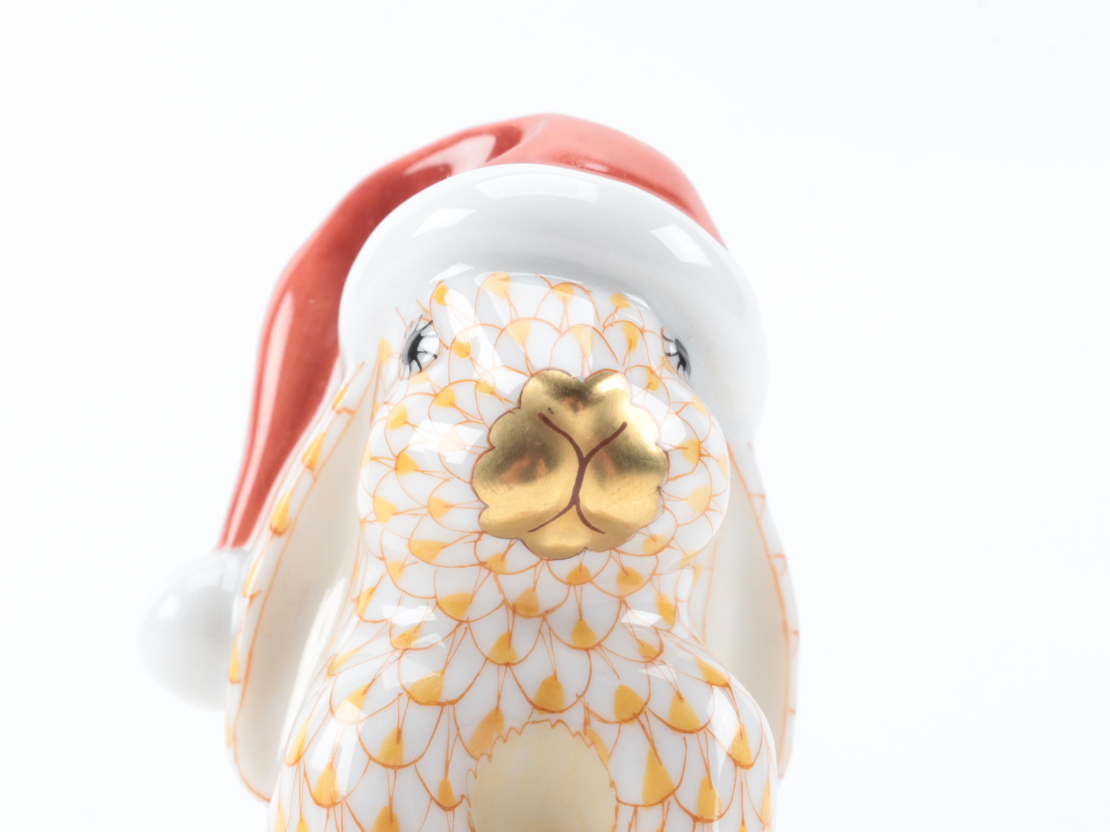 Herend Butterscotch Fishnet with Gold "Christmas Bunny" Porcelain Figurine