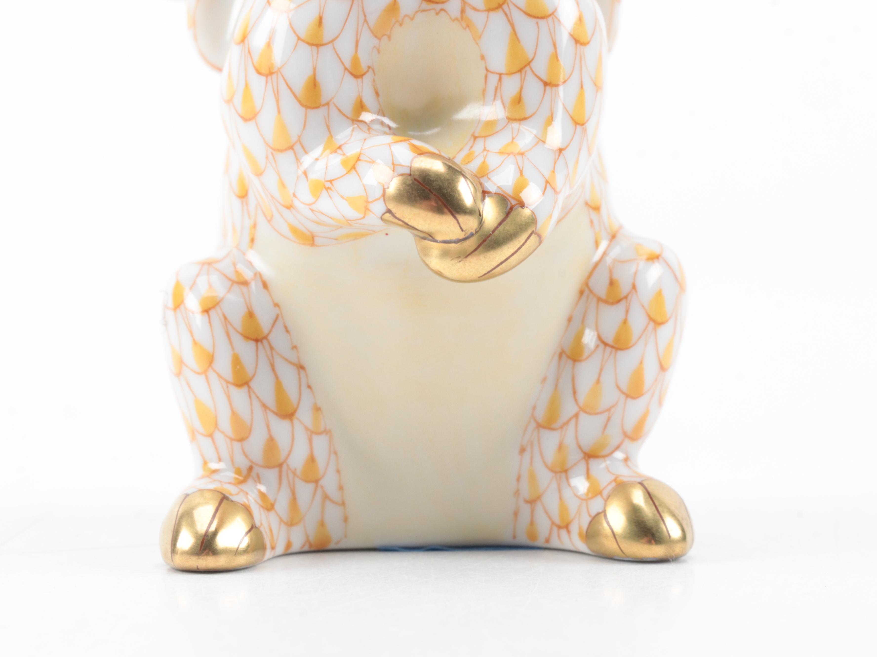 Herend Butterscotch Fishnet with Gold "Christmas Bunny" Porcelain Figurine