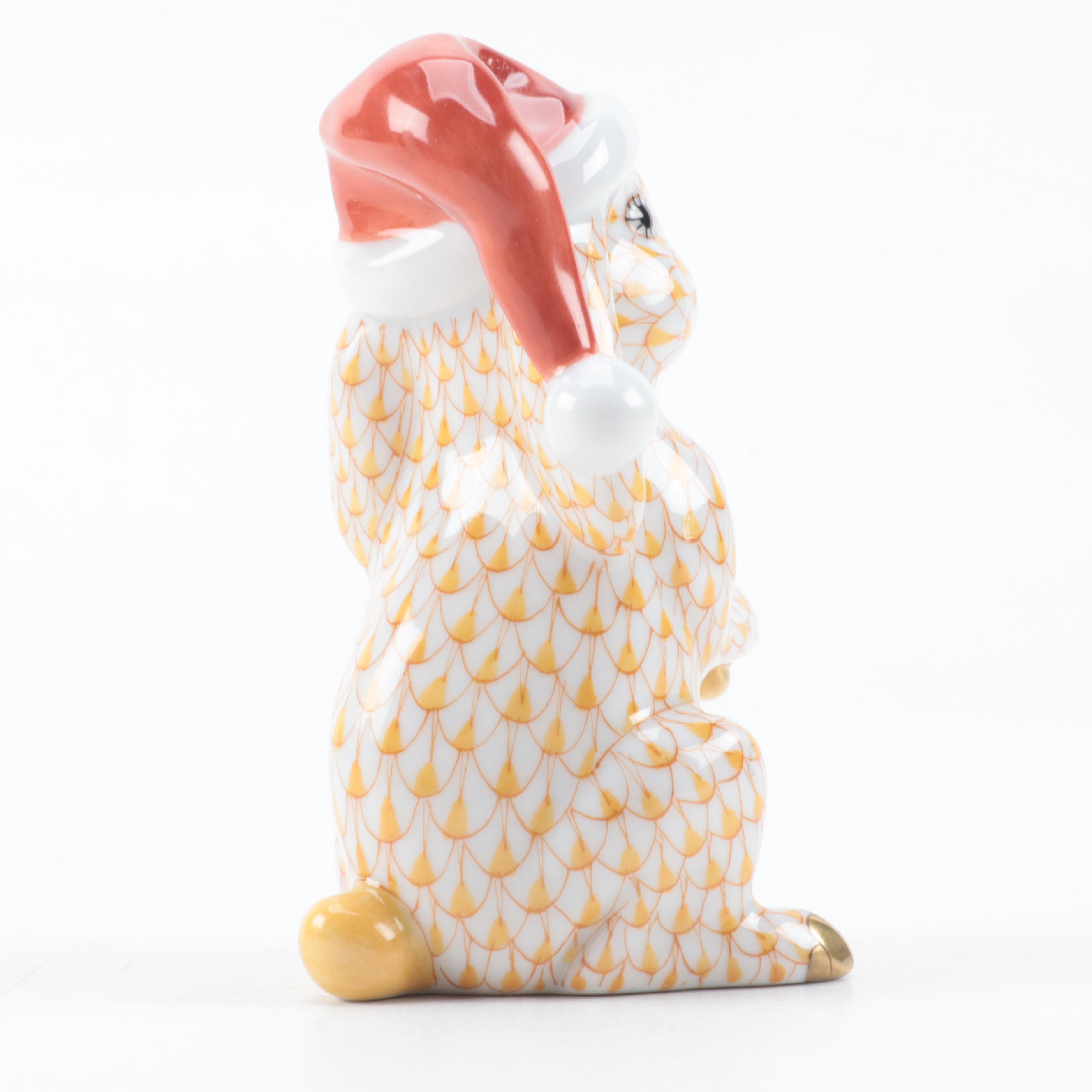 Herend Butterscotch Fishnet with Gold "Christmas Bunny" Porcelain Figurine