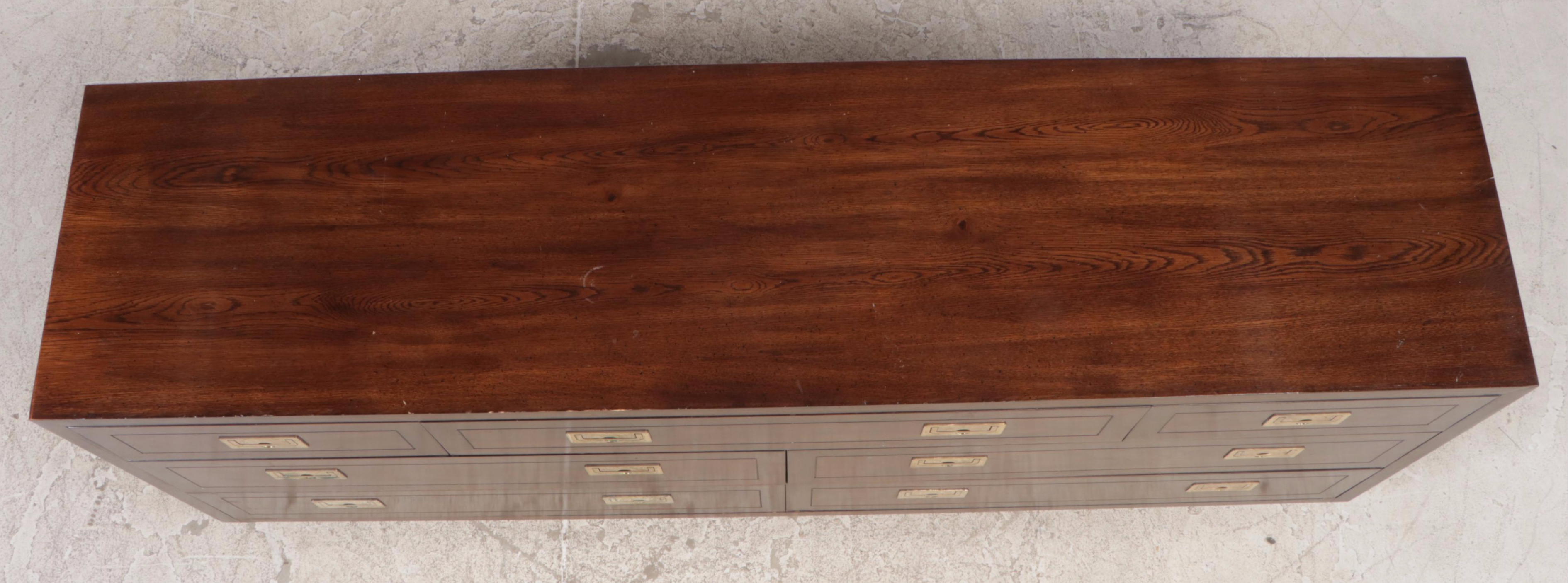 Henredon Campaign Style Brass-Mounted Oak Seven-Drawer Chest