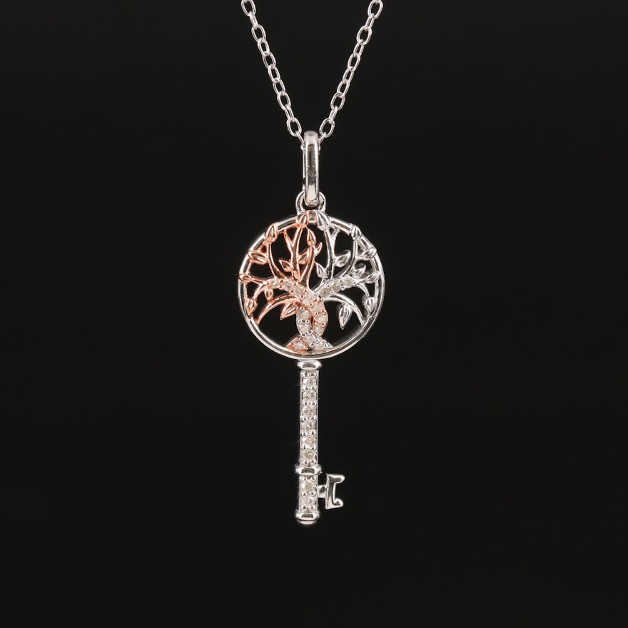 Sterling Diamond Tree of Life Key Pendant Necklace