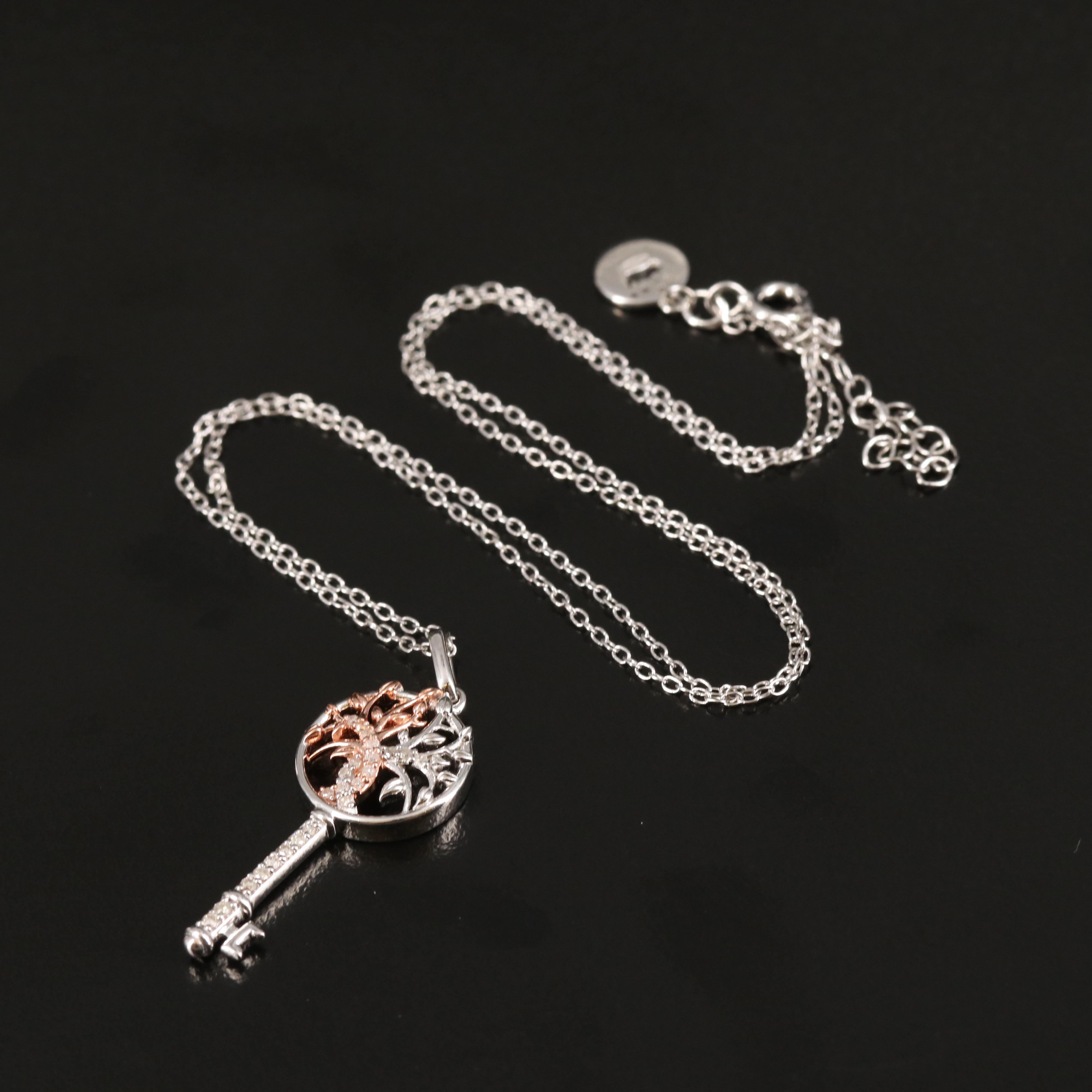 Sterling Diamond Tree of Life Key Pendant Necklace