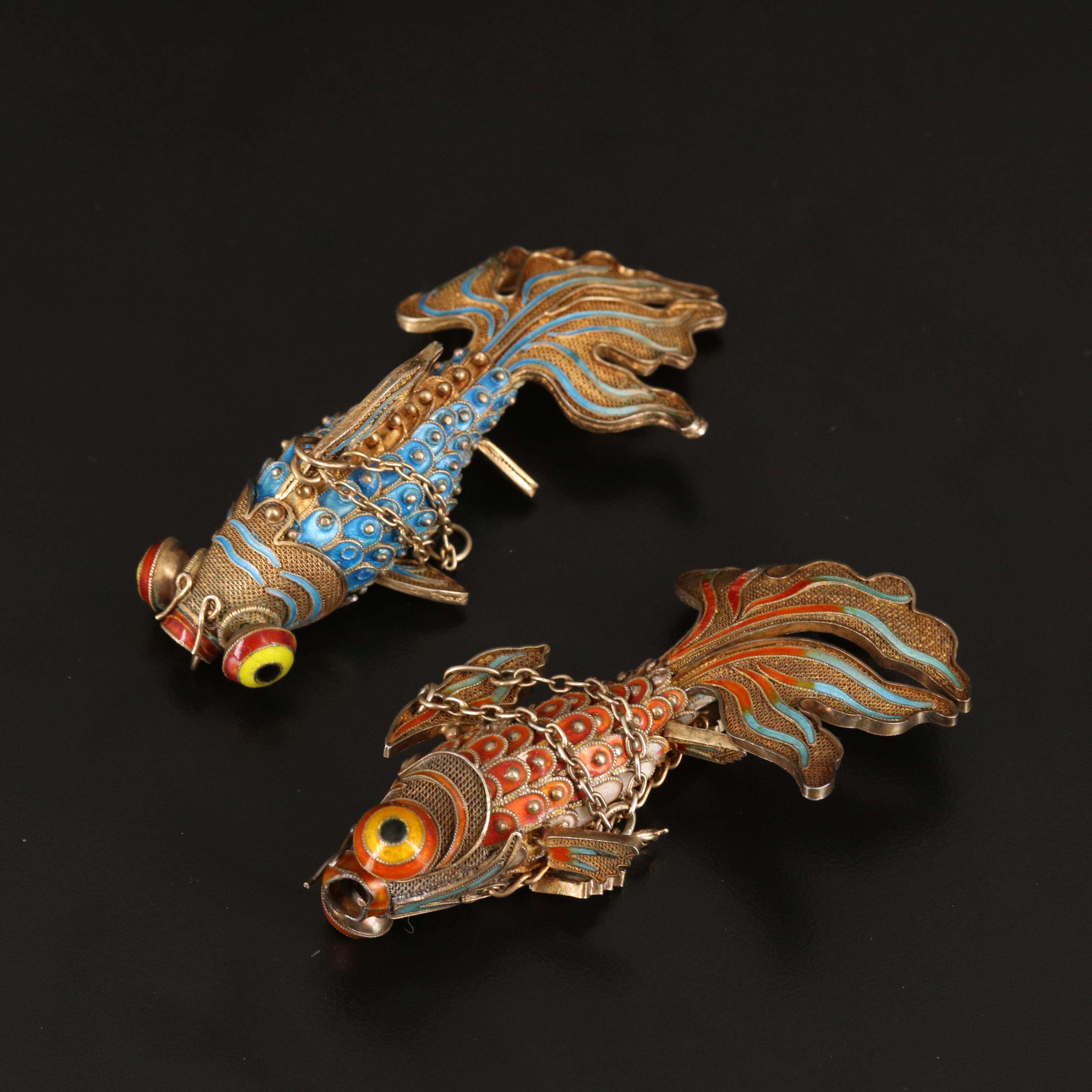 Sterling Enameled Articulated Fish Pendants