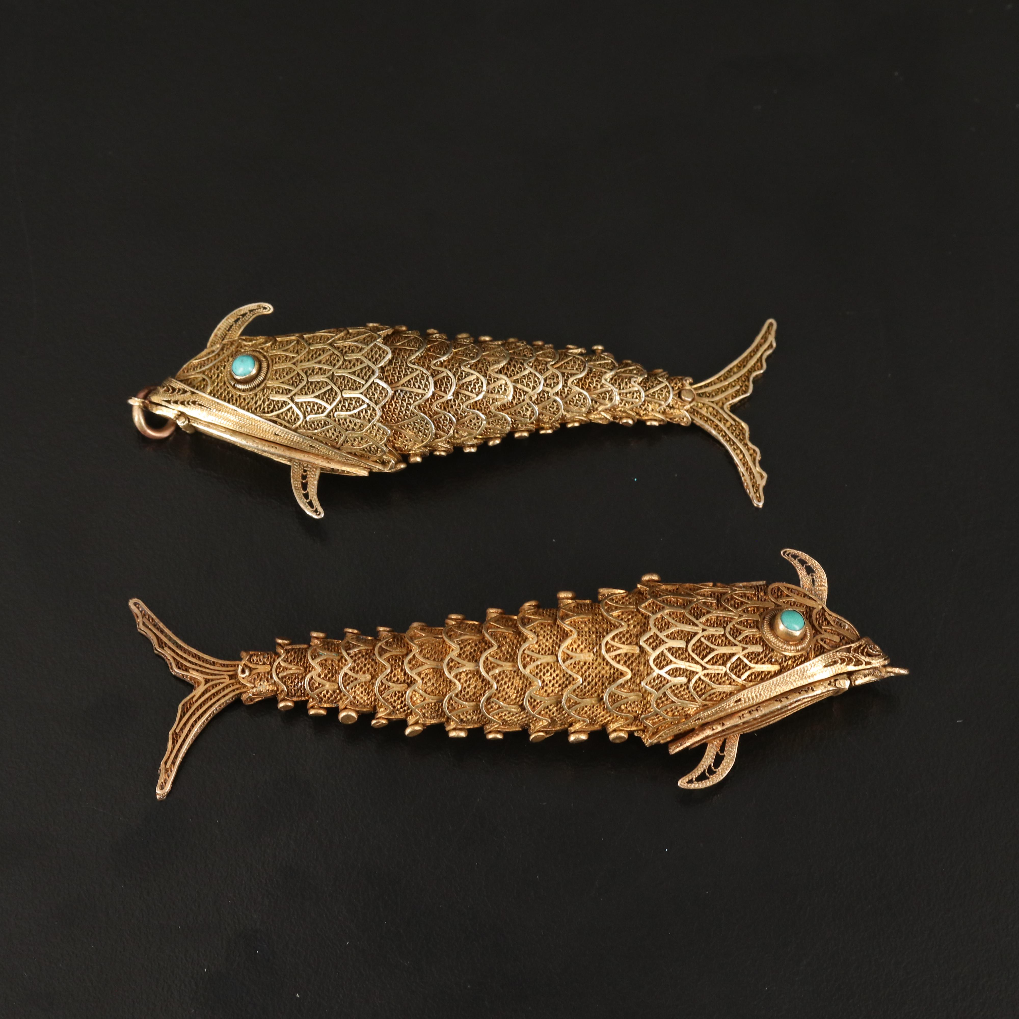 Vintage Sterling and 800 Silver Articulated Filigree Fish Pendants