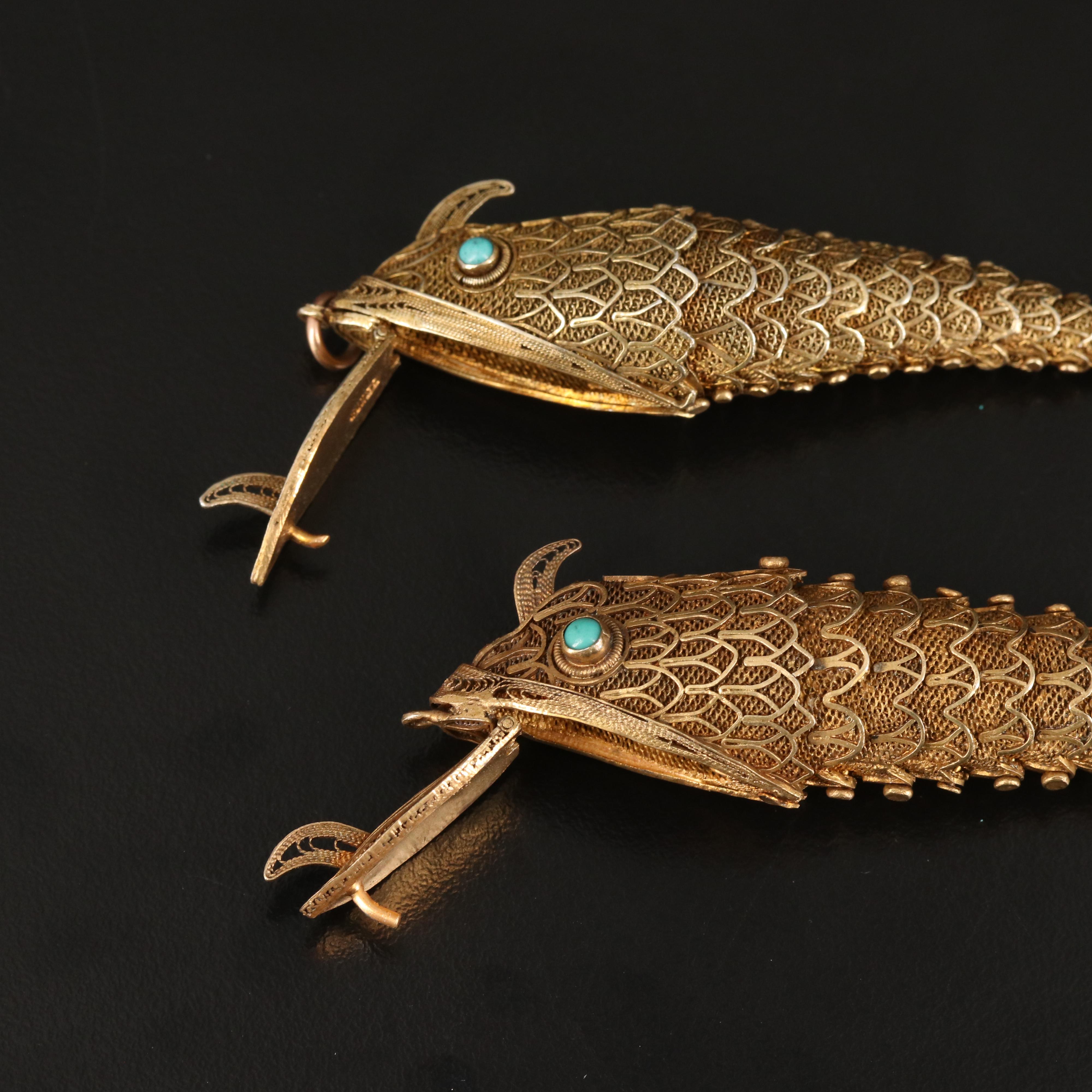 Vintage Sterling and 800 Silver Articulated Filigree Fish Pendants