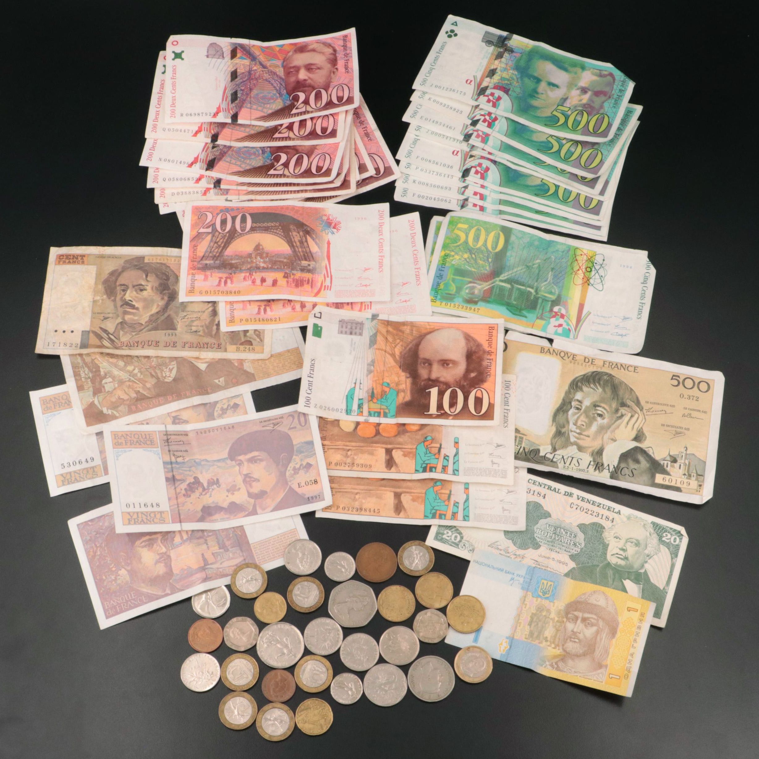 Sixty Pieces of Modern French Coins and Currency