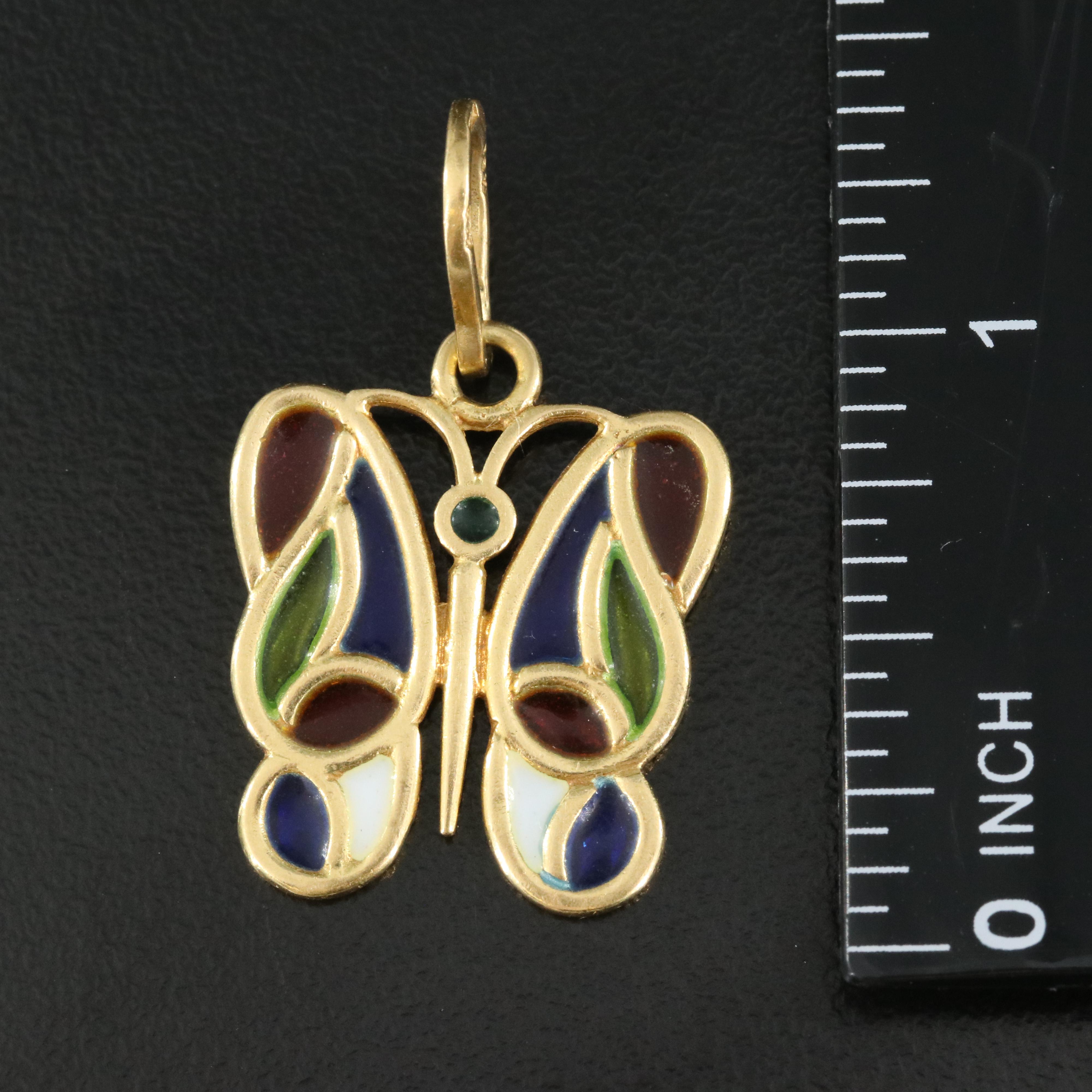 Italian 18K Plique-à-jour Butterfly Pendant