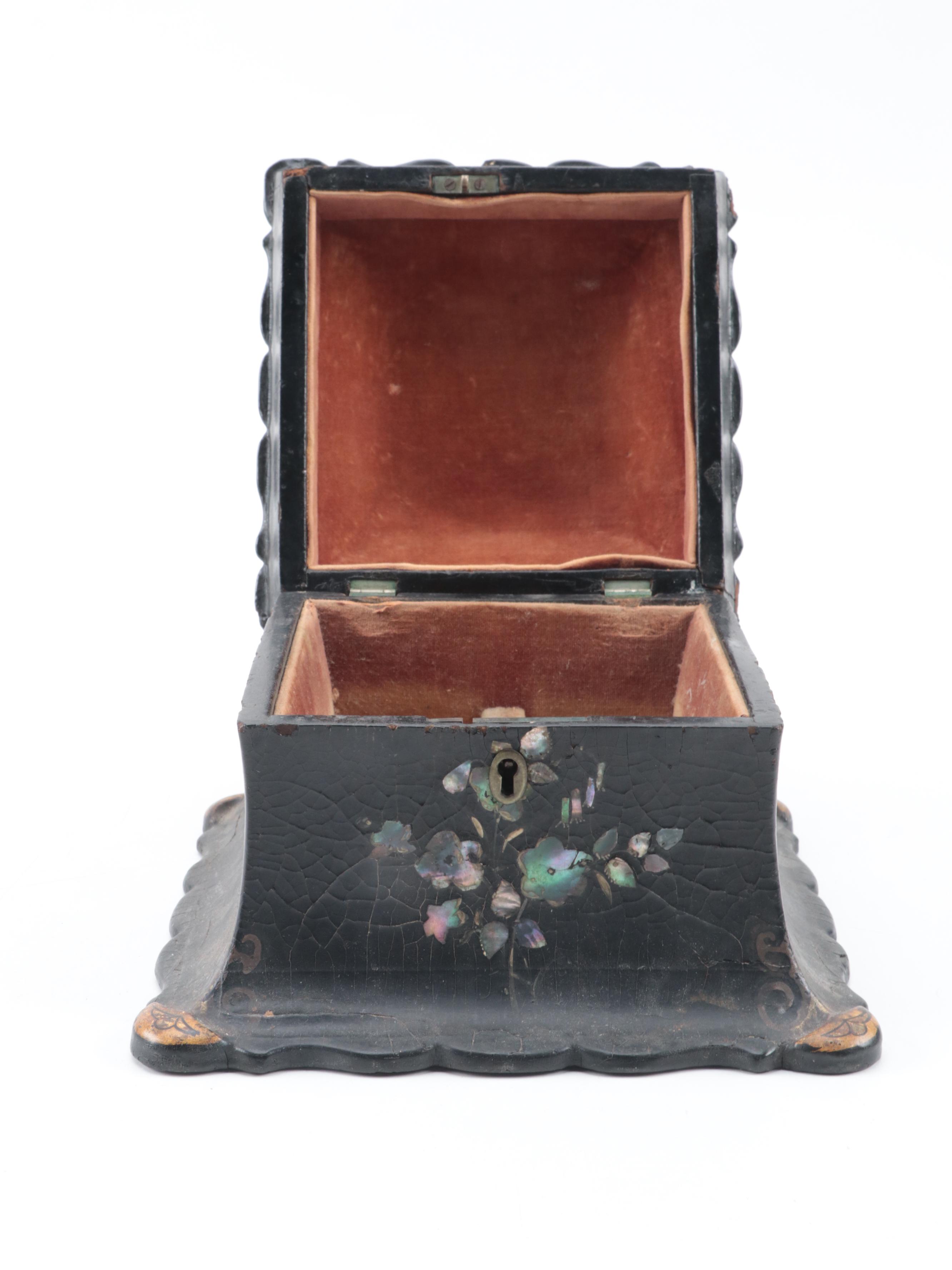 English Papier-Mâché and Abalone Inlay Velvet Lined Box, Mid to Late 19th C.