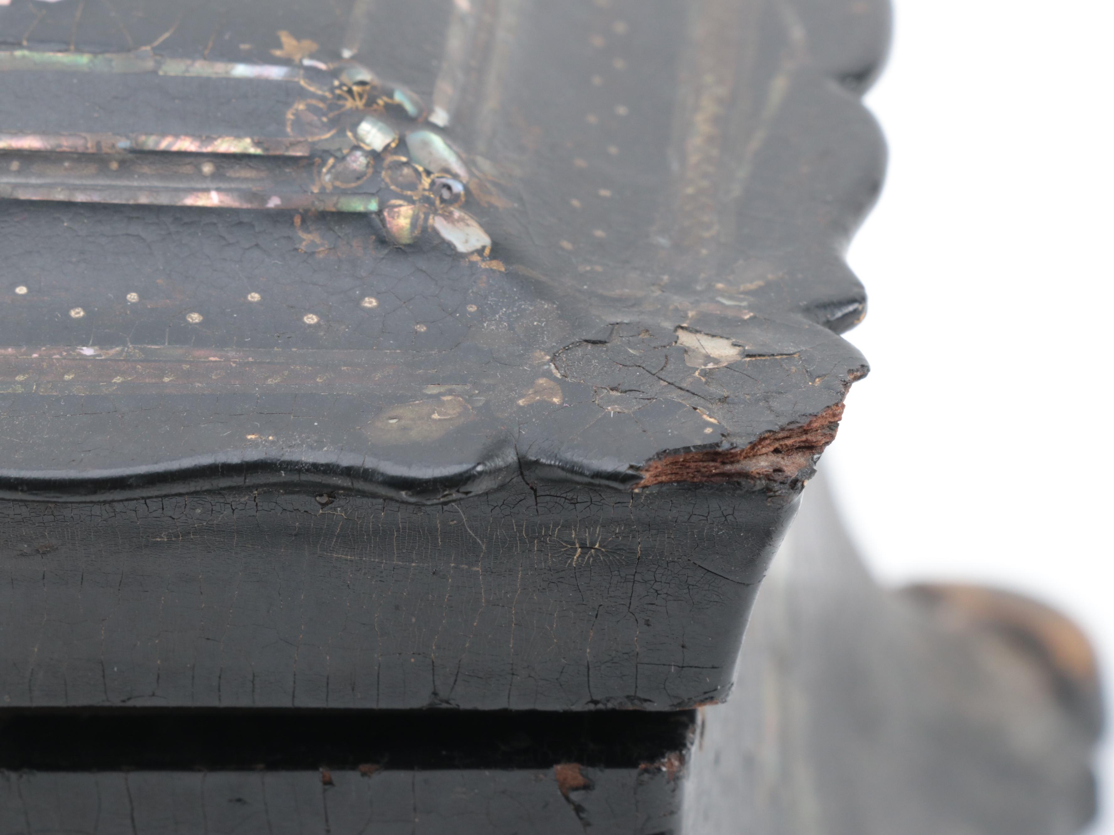 English Papier-Mâché and Abalone Inlay Velvet Lined Box, Mid to Late 19th C.