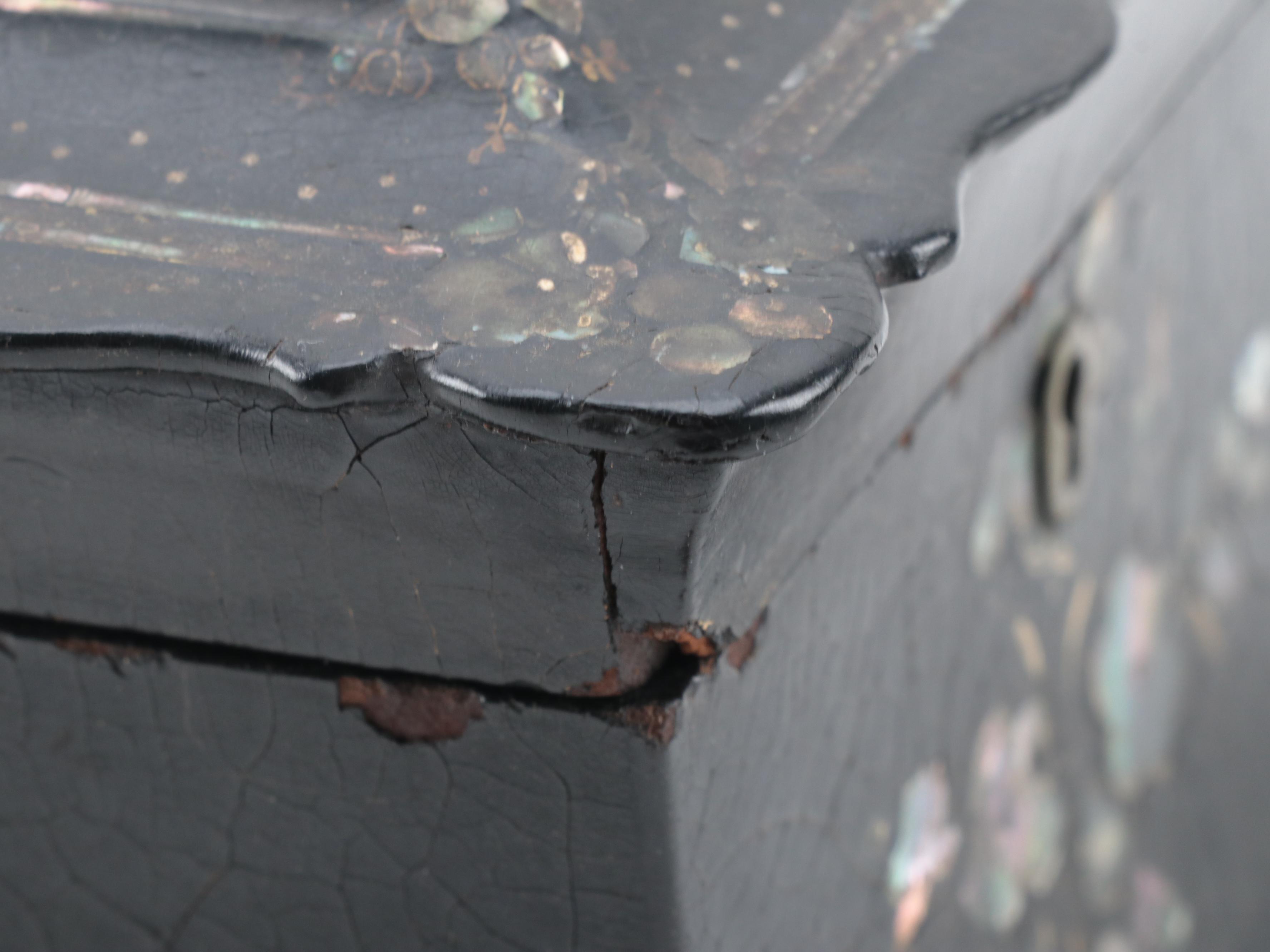 English Papier-Mâché and Abalone Inlay Velvet Lined Box, Mid to Late 19th C.