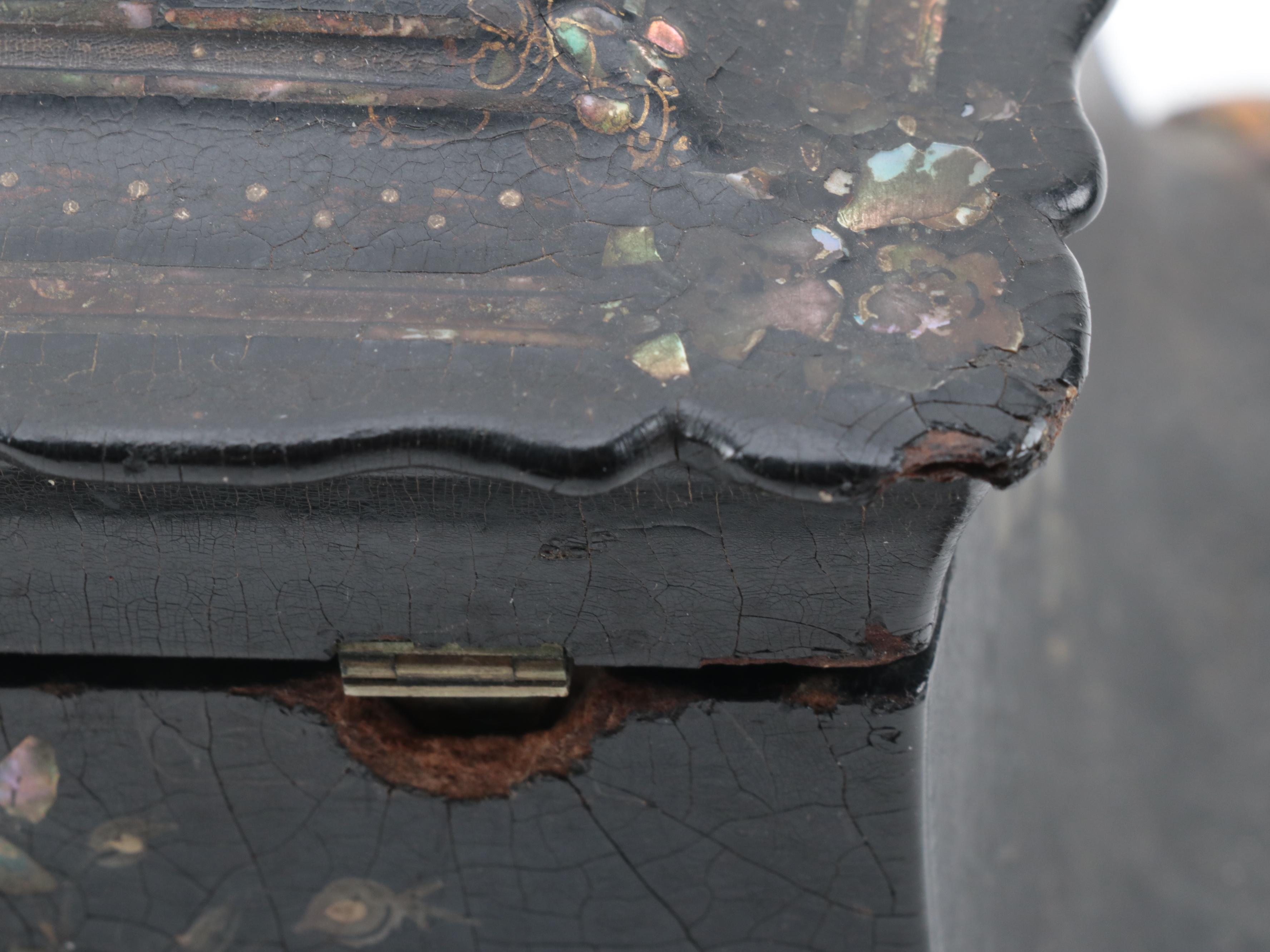 English Papier-Mâché and Abalone Inlay Velvet Lined Box, Mid to Late 19th C.