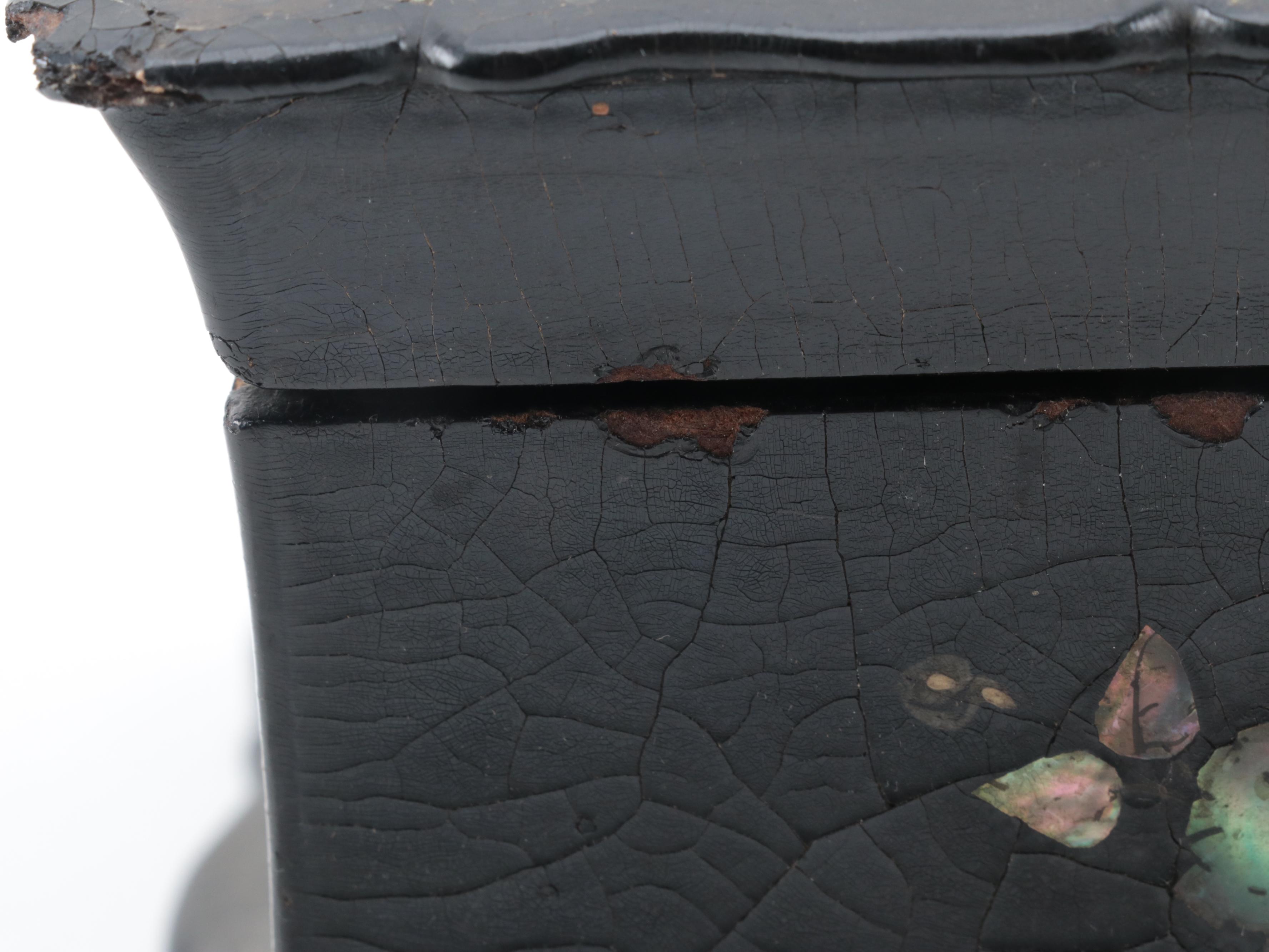 English Papier-Mâché and Abalone Inlay Velvet Lined Box, Mid to Late 19th C.