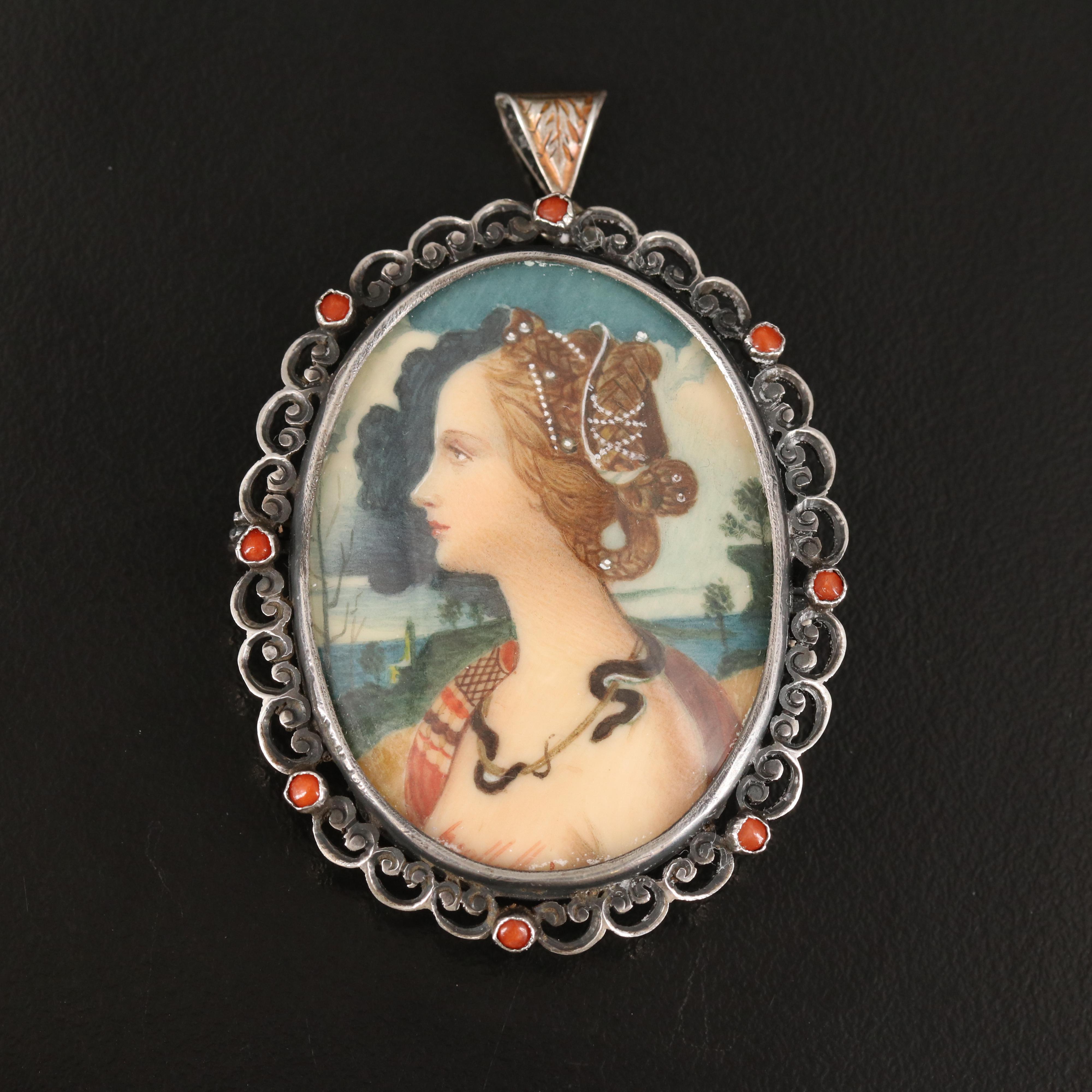 Antique Medusa Hand Painted Converter Brooch in 800 Silver with Coral Trim