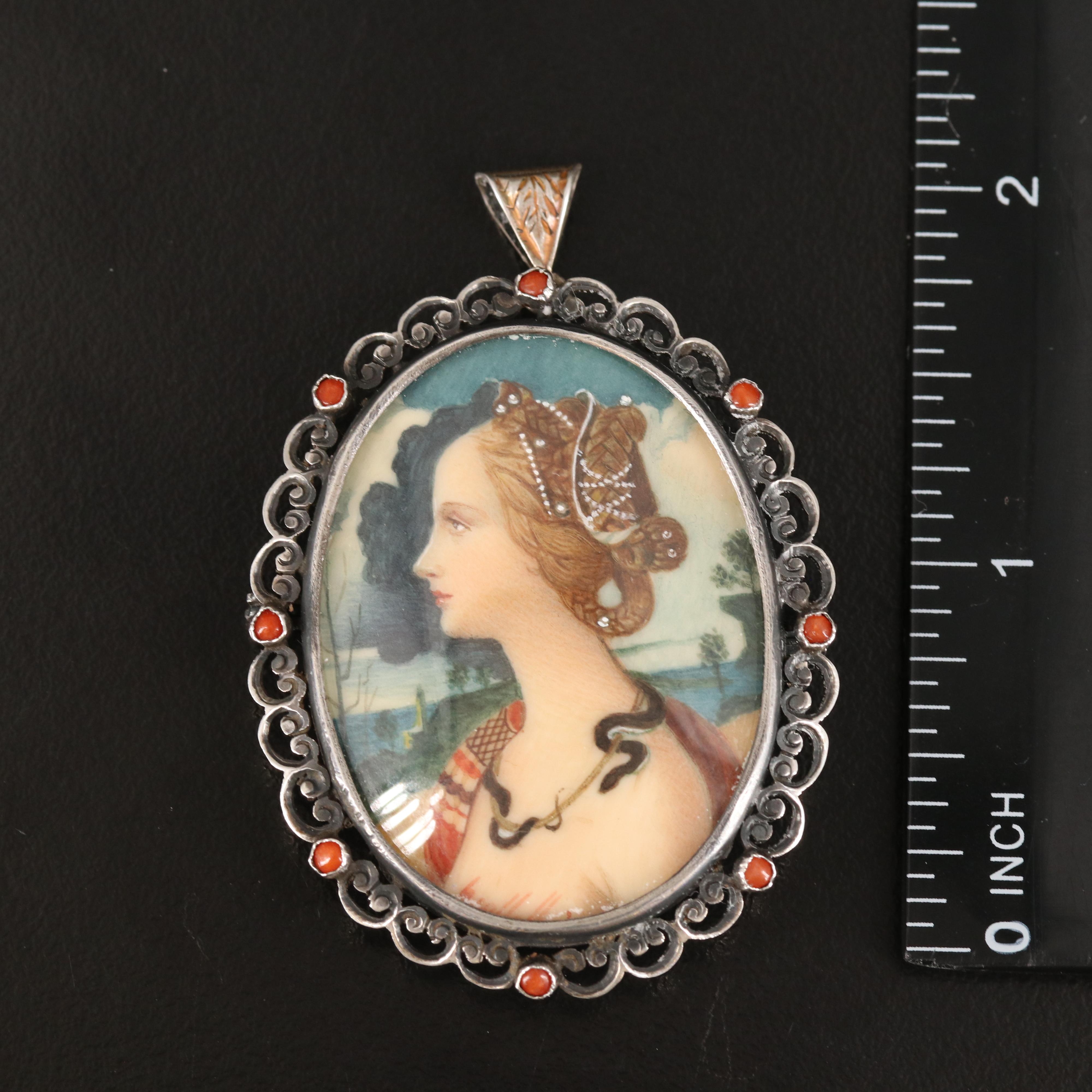 Antique Medusa Hand Painted Converter Brooch in 800 Silver with Coral Trim