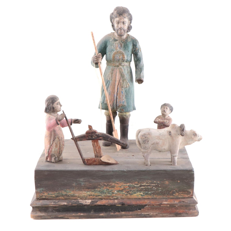 Filipino Hand-Painted Carved Wood Tableau of San Isidro The Laborer