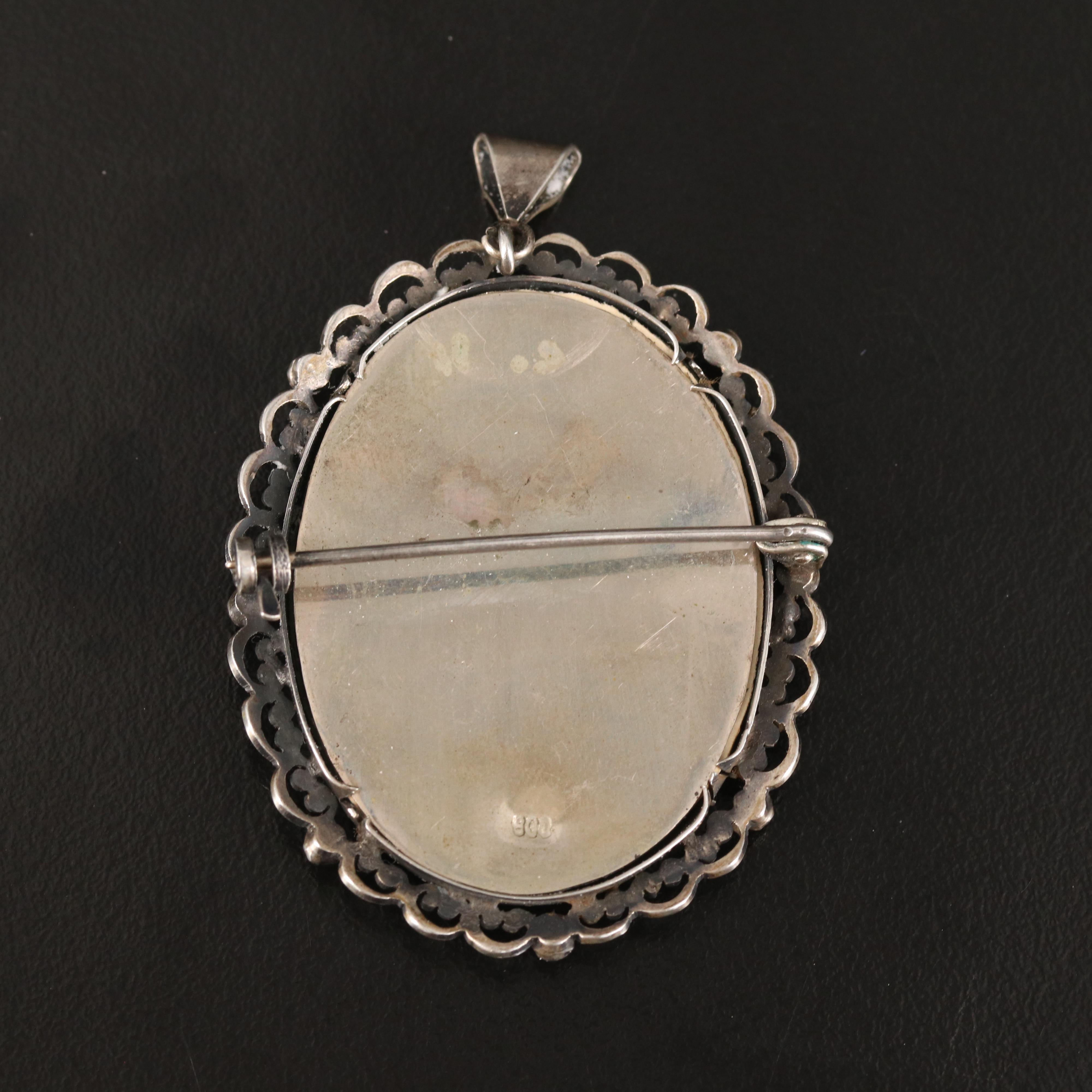 Antique Medusa Hand Painted Converter Brooch in 800 Silver with Coral Trim