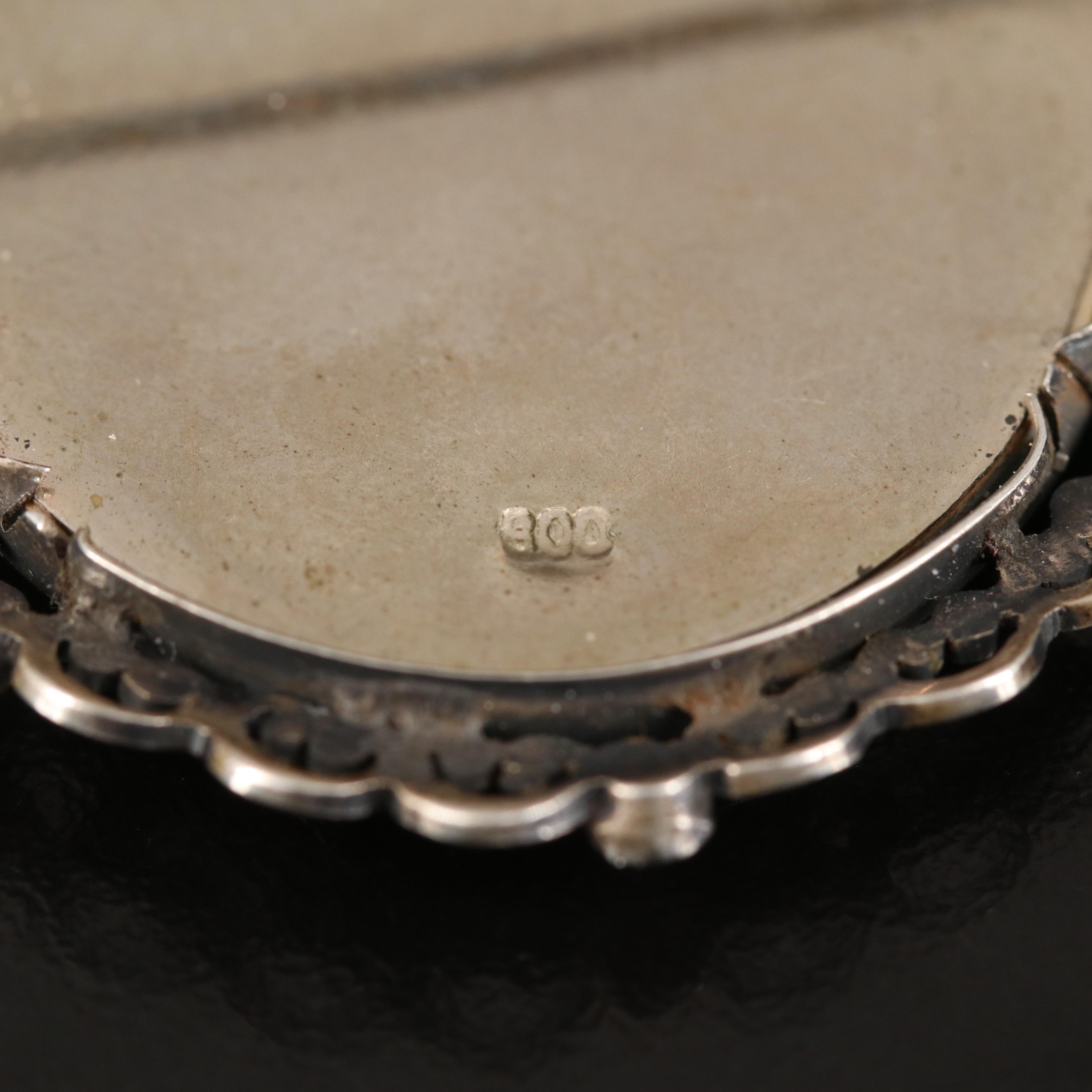 Antique Medusa Hand Painted Converter Brooch in 800 Silver with Coral Trim