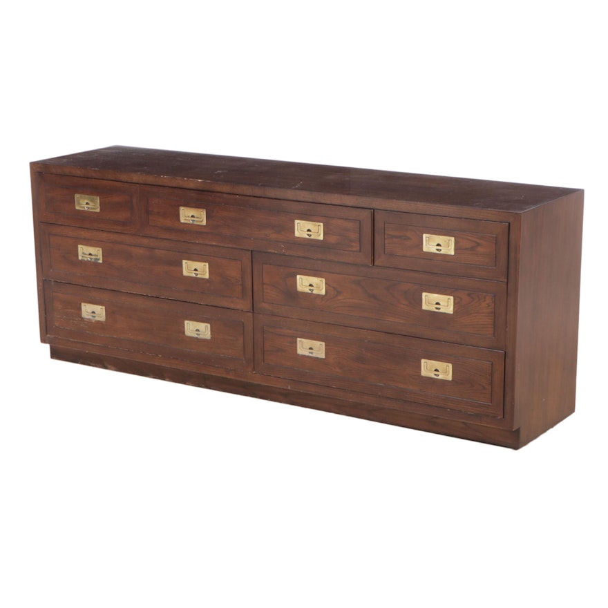 Henredon Campaign Style Brass-Mounted Oak Seven-Drawer Chest