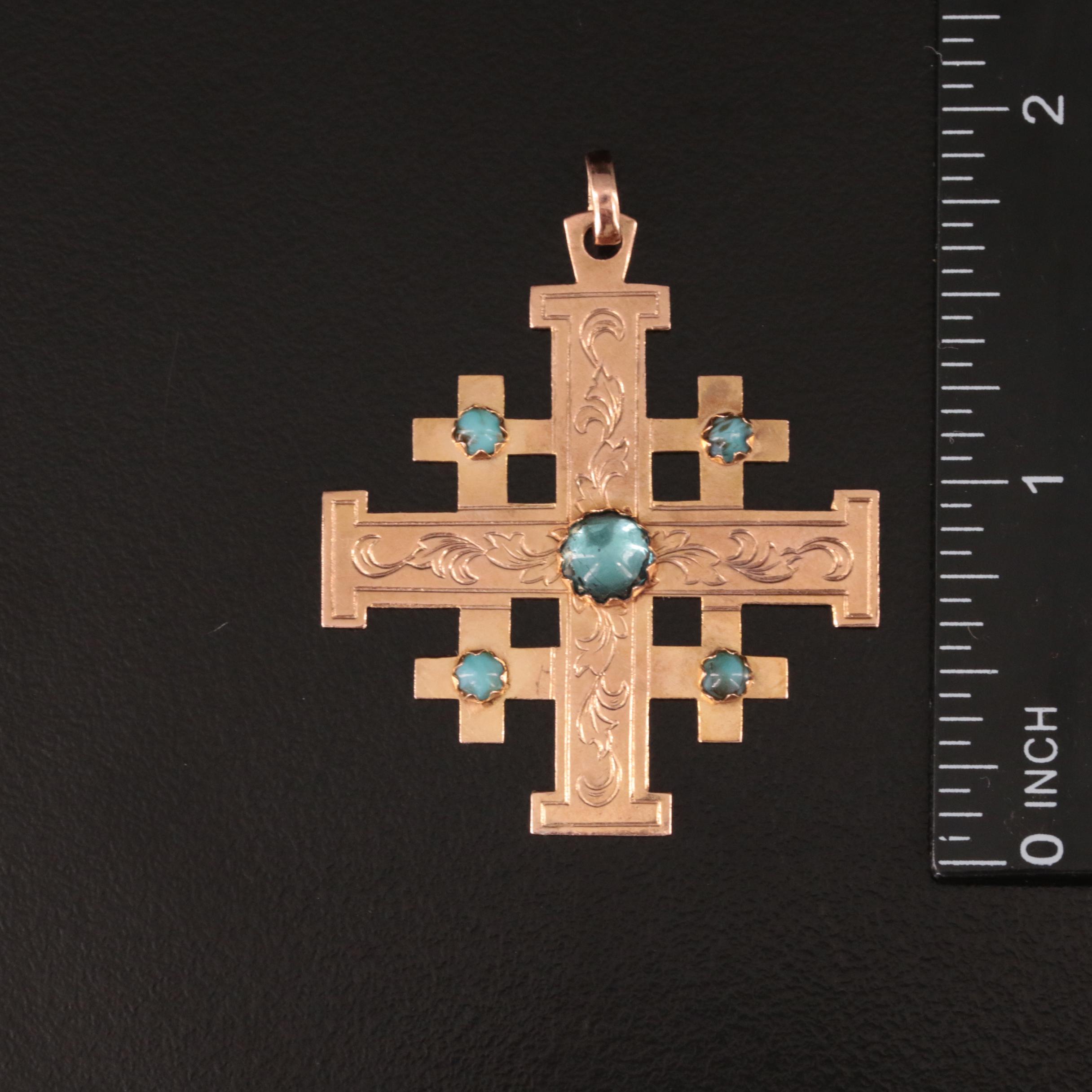 10K Rose Gold Jerusalem Cross Pendant with Engraved Scroll and Glass Cabochons