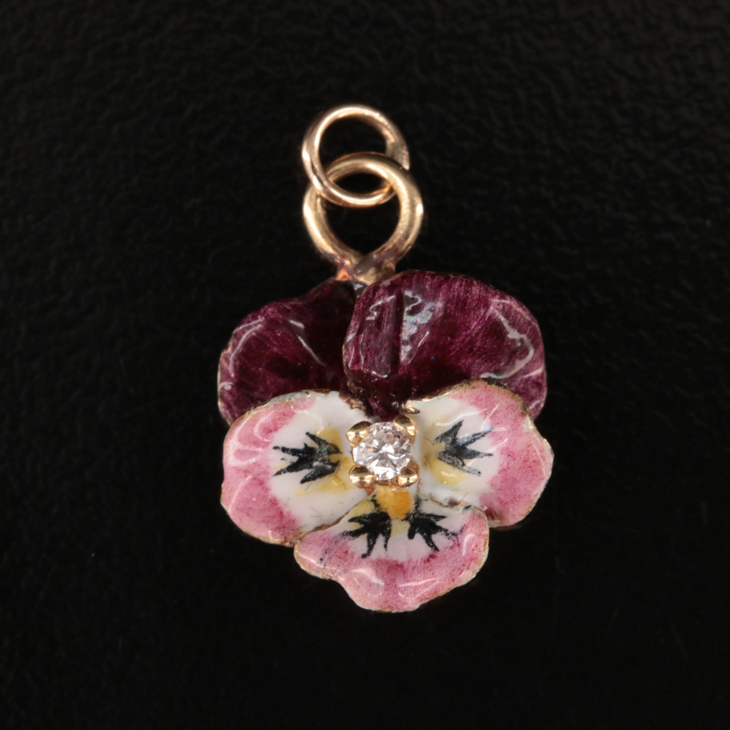 14K Diamond and Enamel Pansy Pendant