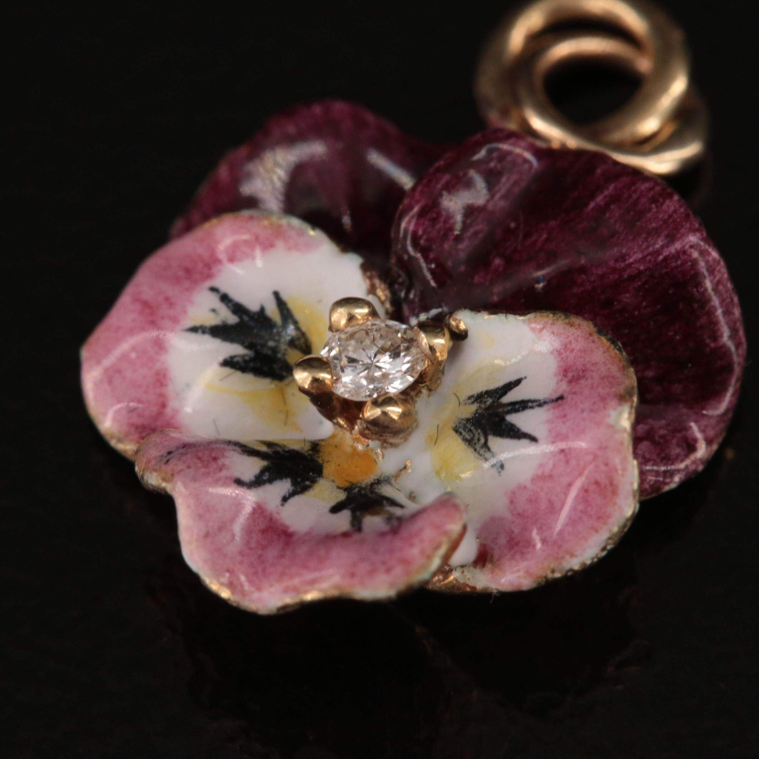 14K Diamond and Enamel Pansy Pendant