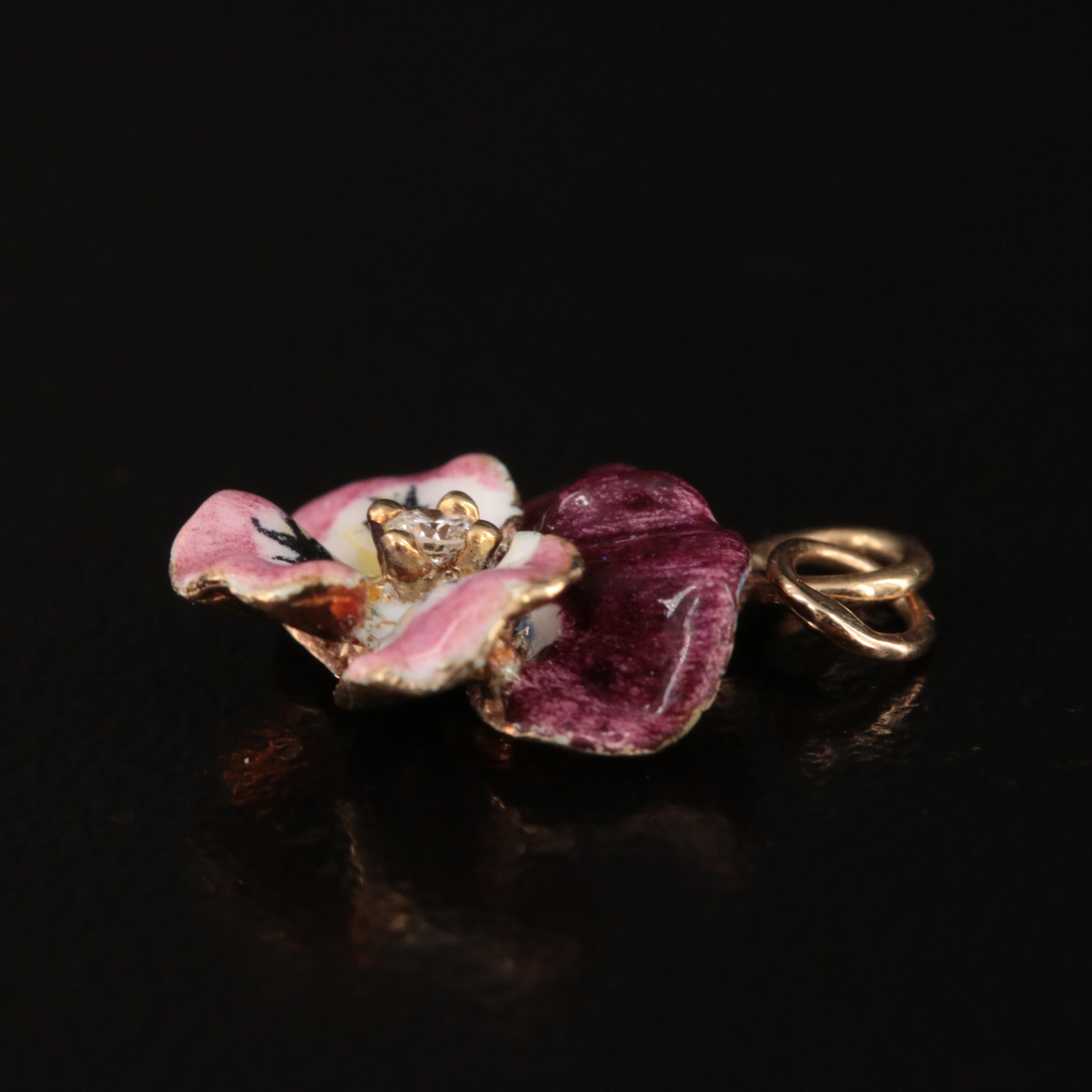 14K Diamond and Enamel Pansy Pendant