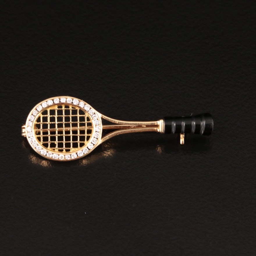 18K Diamond and Black Onyx Tennis Racket Brooch