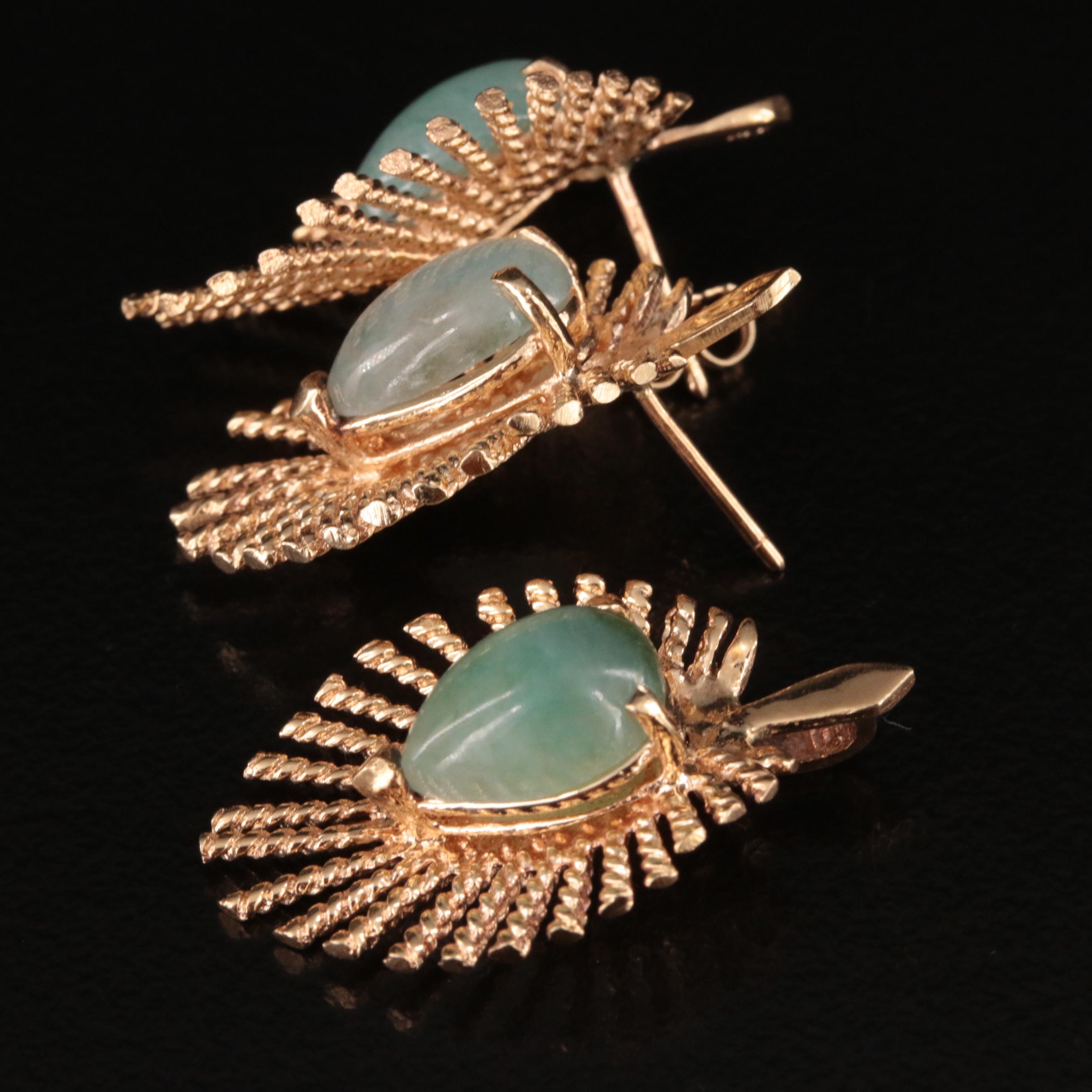 Vintage 14K Jadeite Fan Earrings and Pendant Set