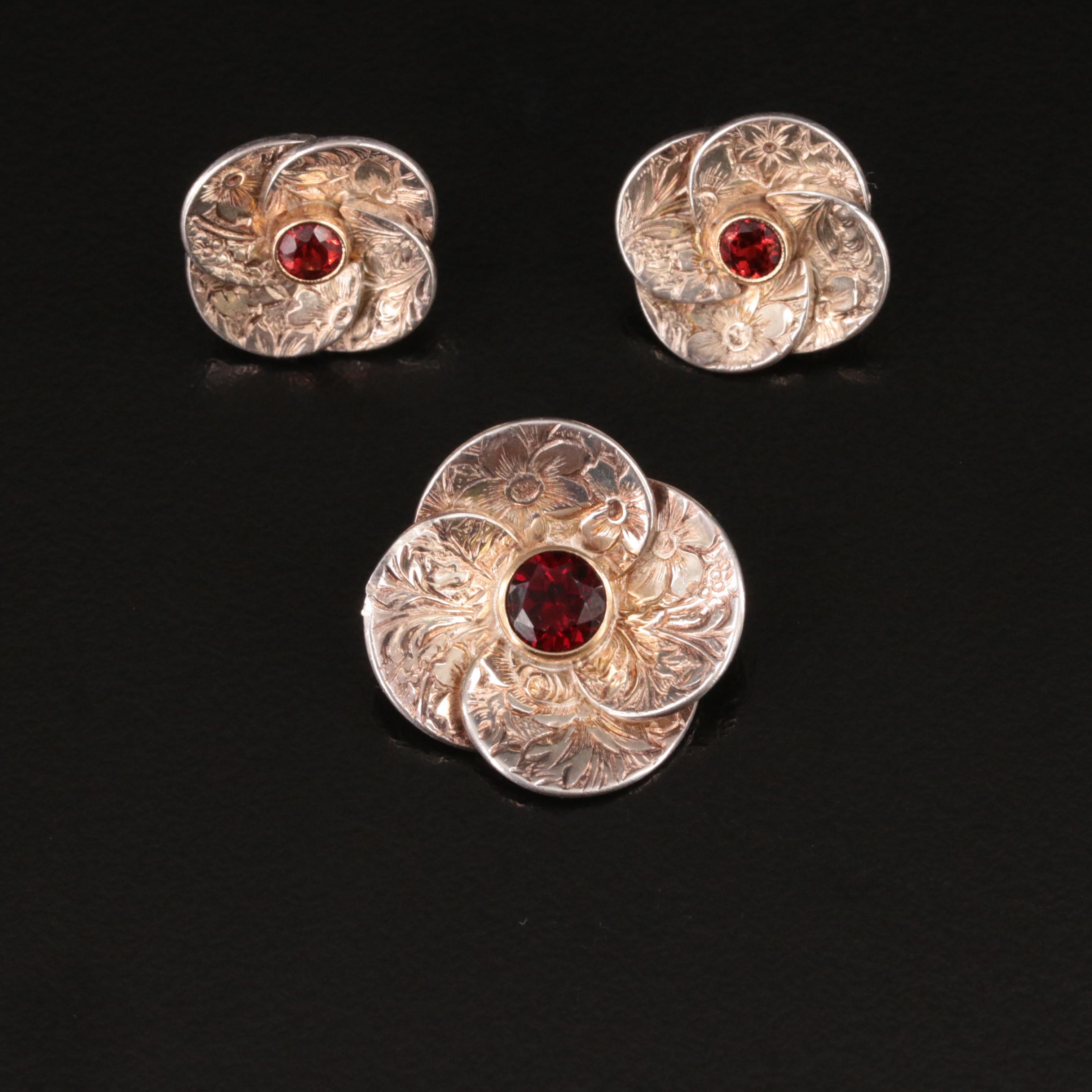 Ed Levin Sterling Garnet Flower Earrings and Brooch with 14K Accents