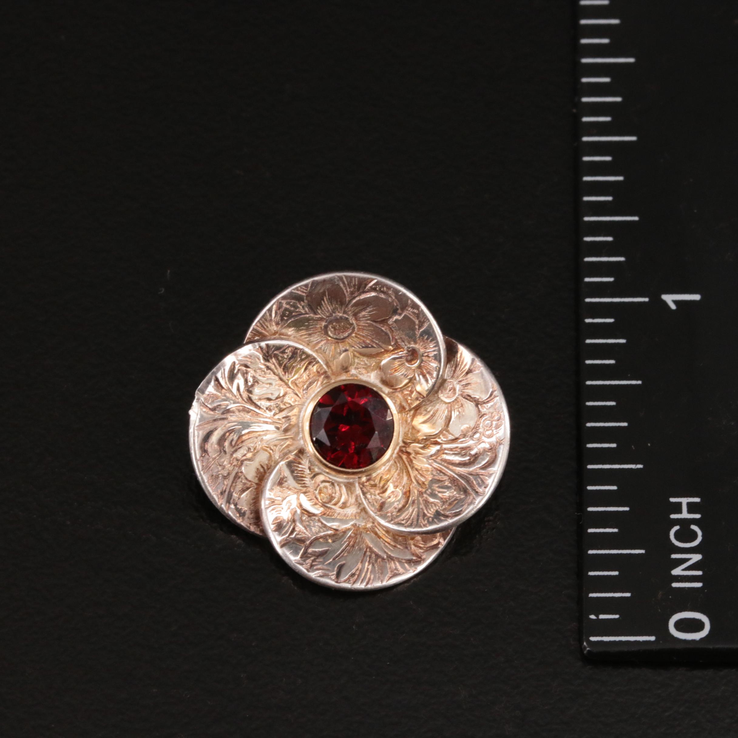 Ed Levin Sterling Garnet Flower Earrings and Brooch with 14K Accents