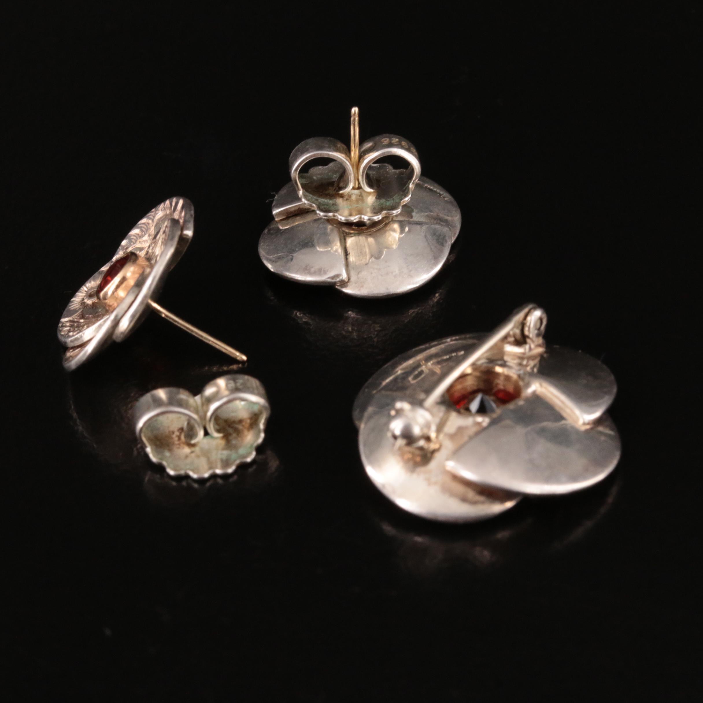 Ed Levin Sterling Garnet Flower Earrings and Brooch with 14K Accents