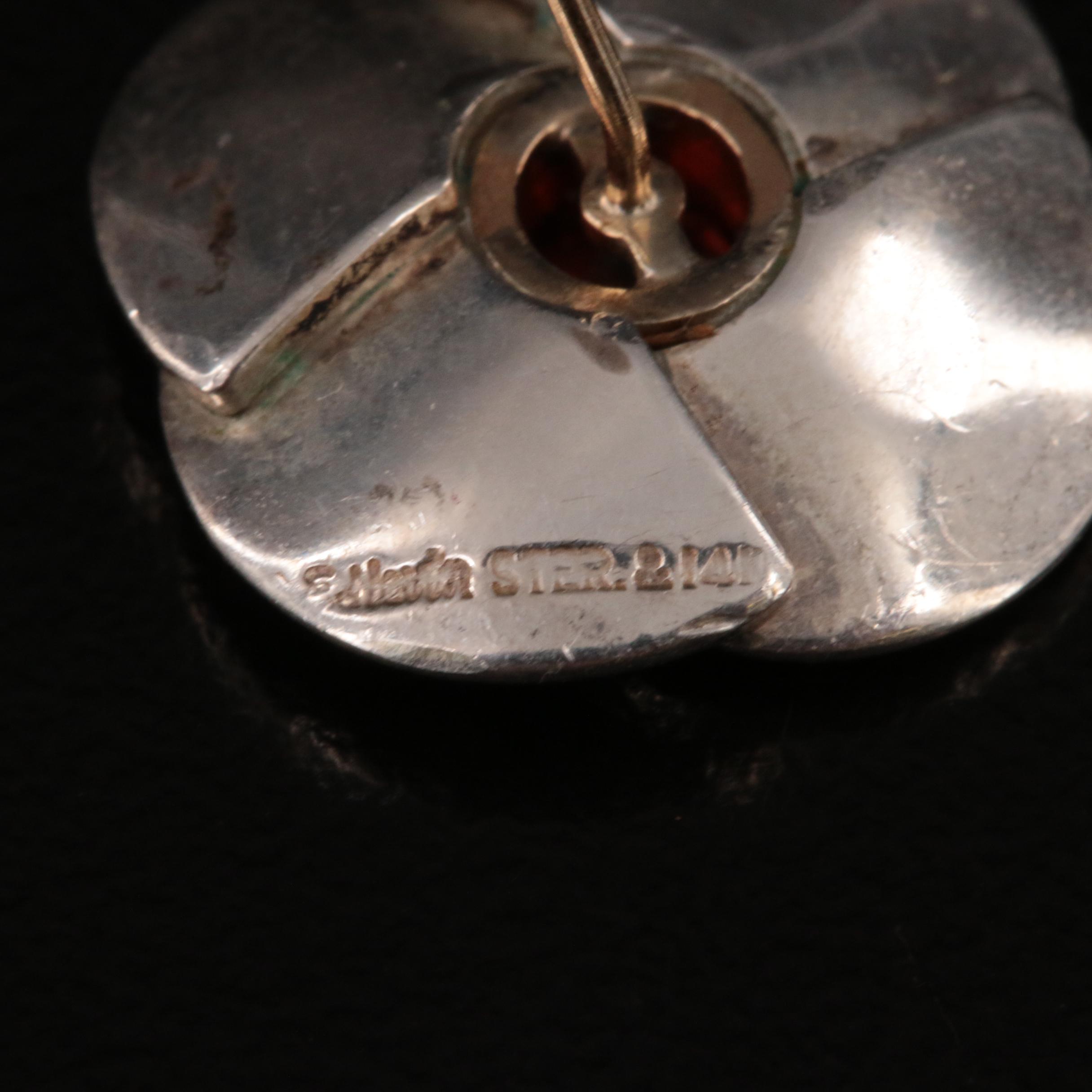 Ed Levin Sterling Garnet Flower Earrings and Brooch with 14K Accents