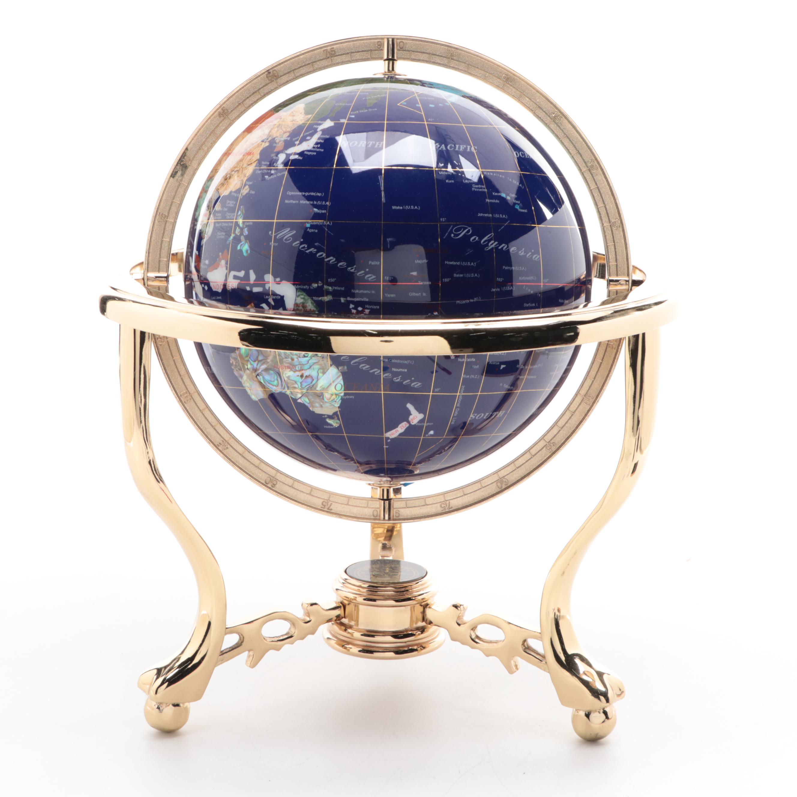 Lapis, Abalone and Stone World Globe with Metal Compass Stand, Late 20th