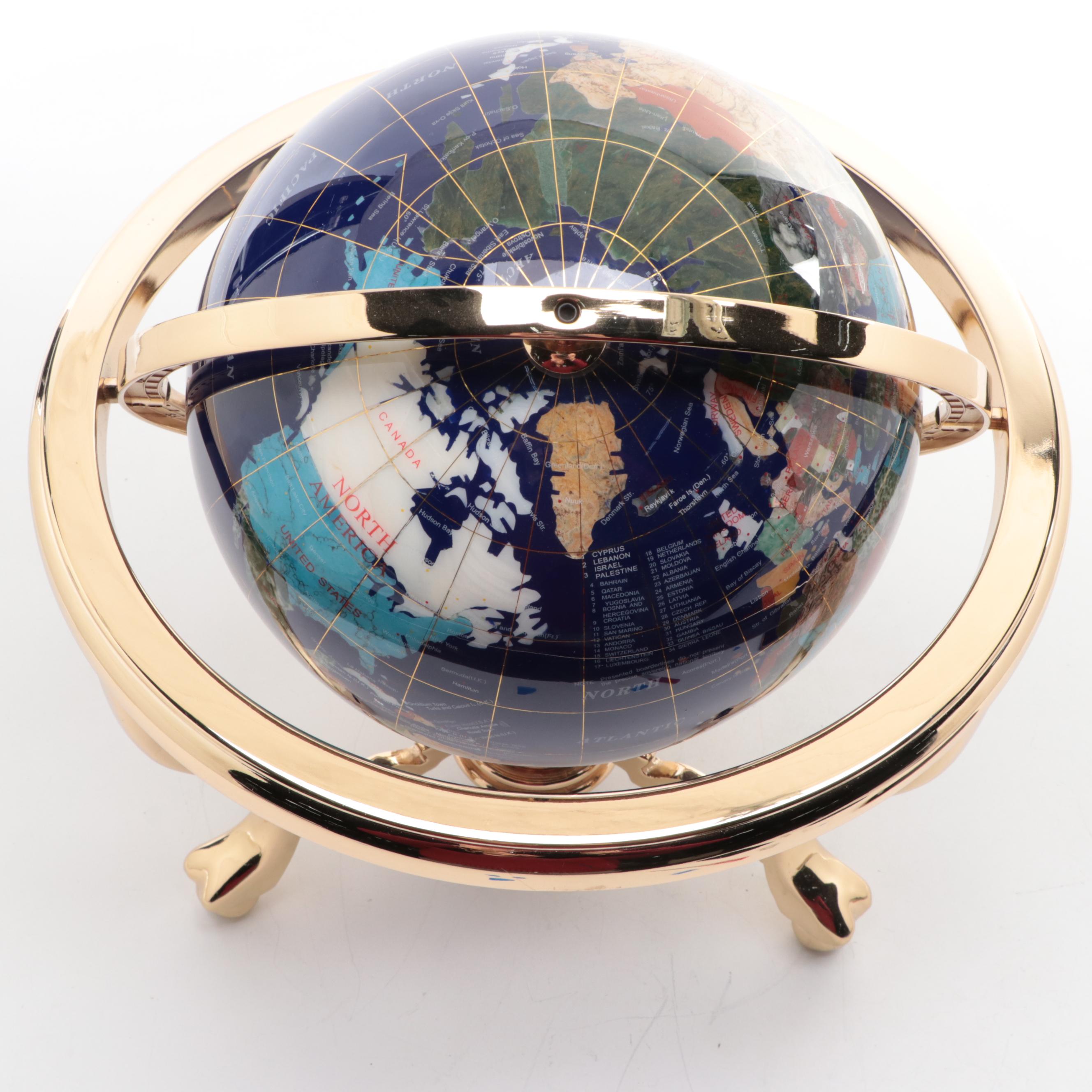 Lapis, Abalone and Stone World Globe with Metal Compass Stand, Late 20th