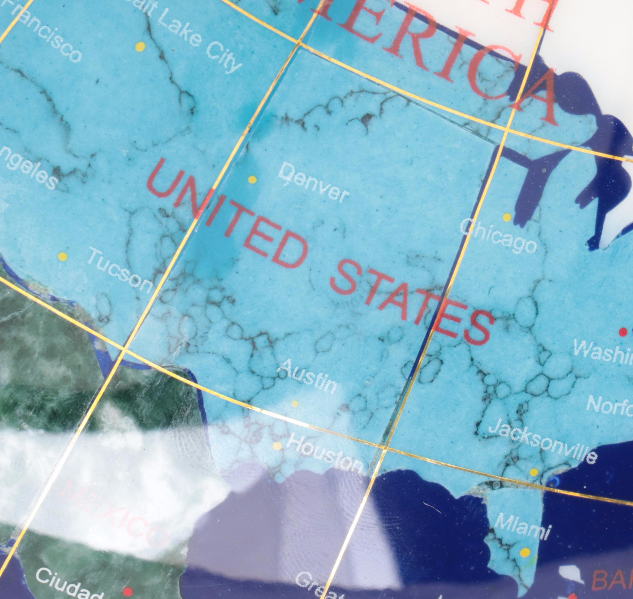 Lapis, Abalone and Stone World Globe with Metal Compass Stand, Late 20th