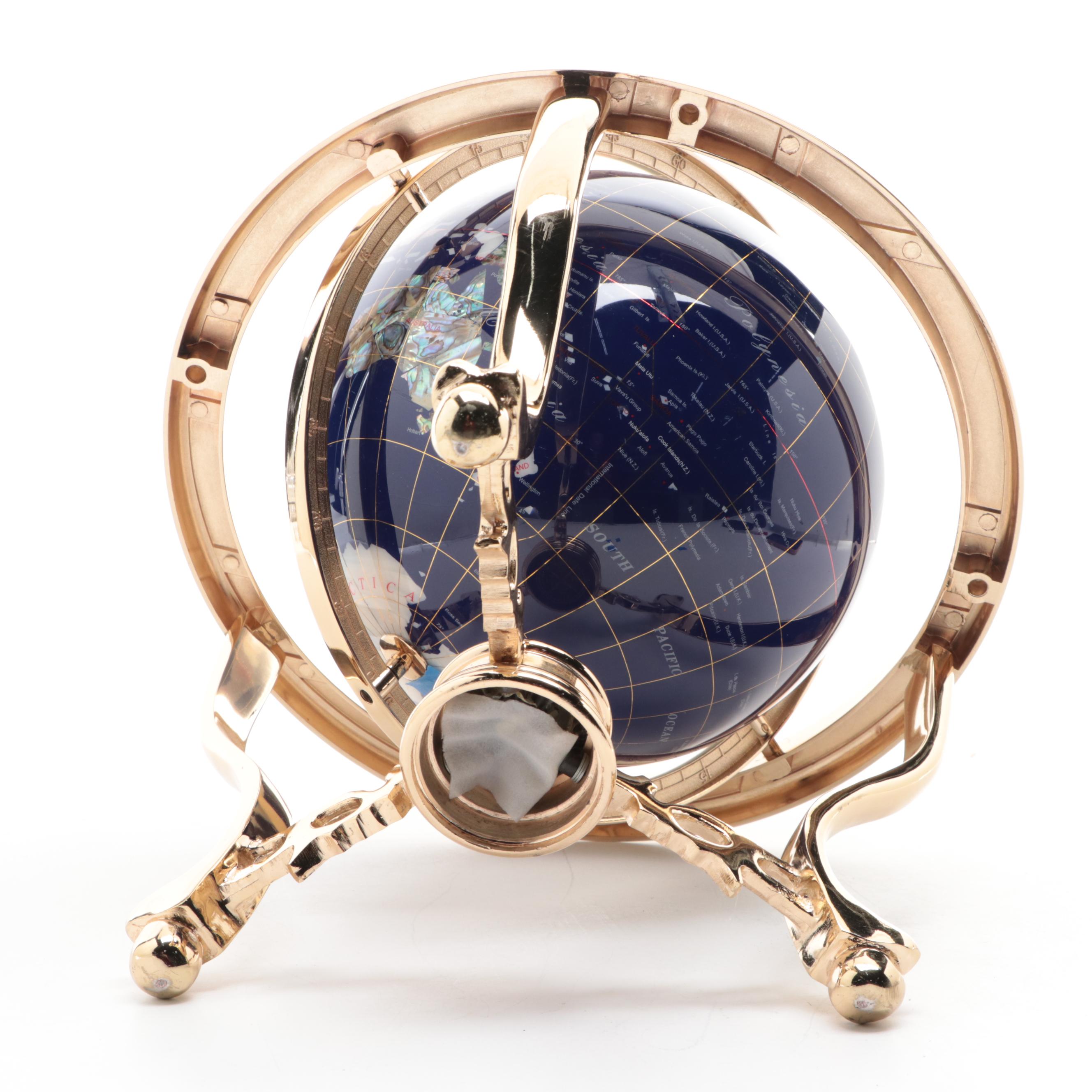 Lapis, Abalone and Stone World Globe with Metal Compass Stand, Late 20th